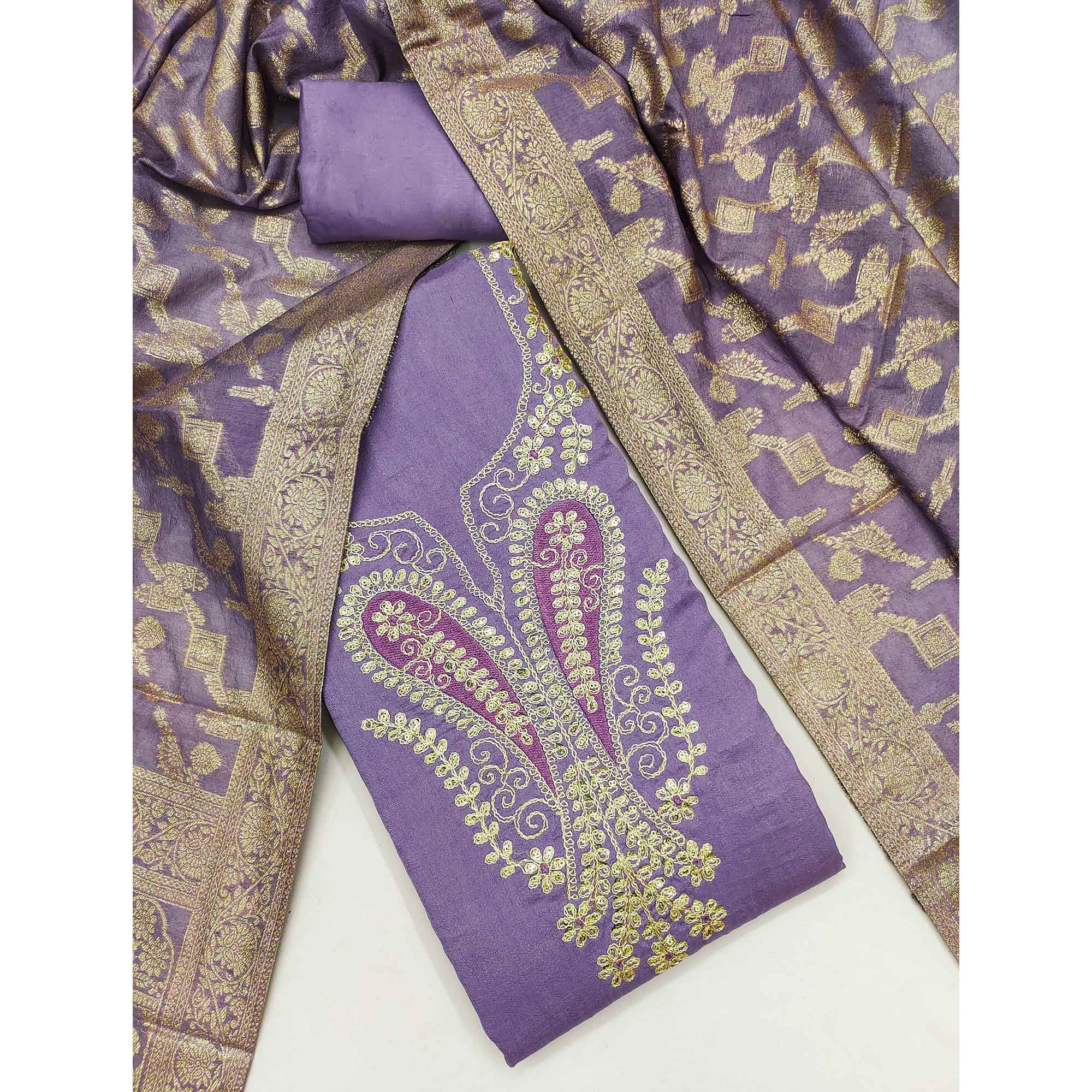 Lavender Vichitra Silk Dress Material Enhanced With Elegant Floral Sequins Cording Embroidery