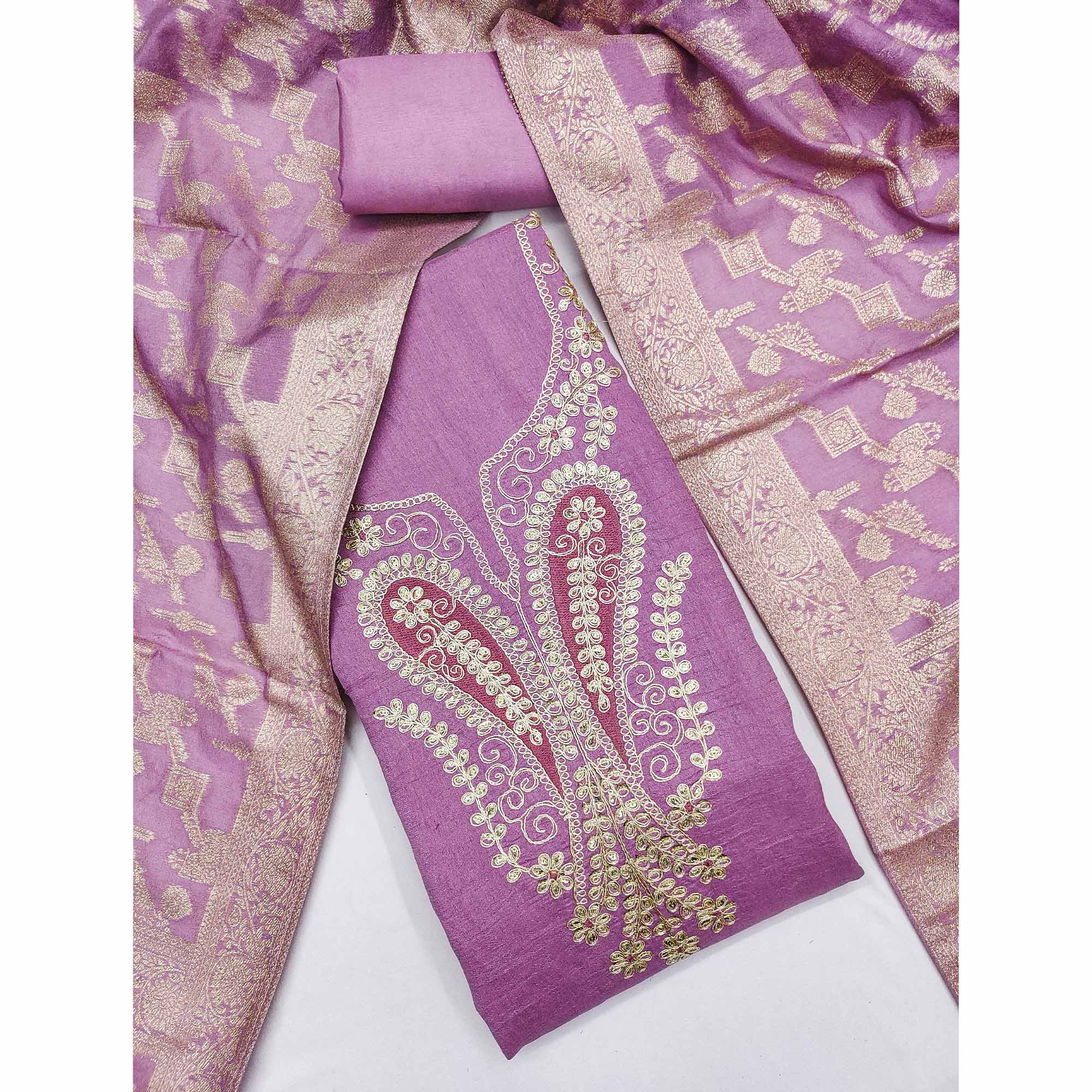 Onion Pink Vichitra Silk Dress Material Enhanced With Elegant Floral Sequins Cording Embroidery