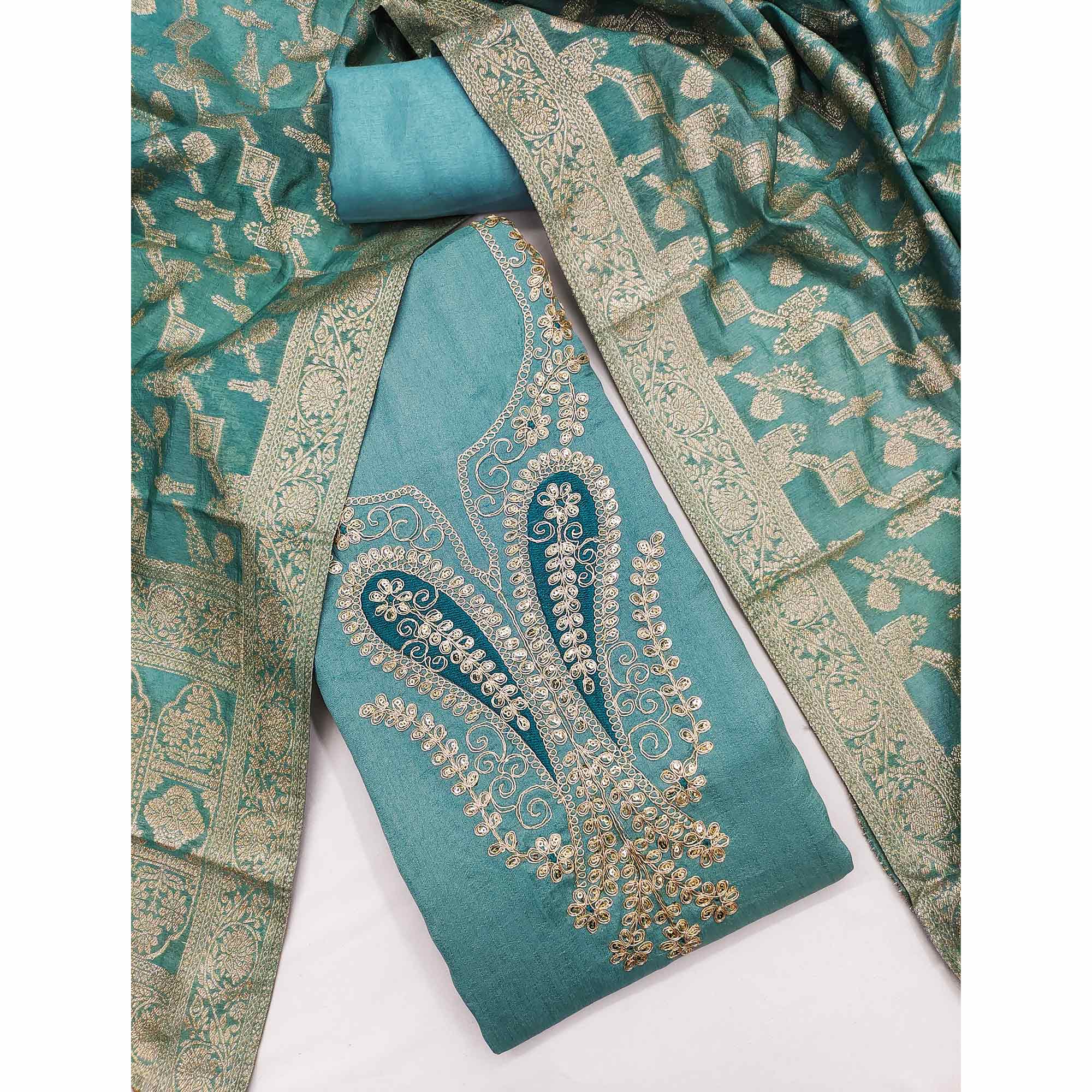 Turquoise Vichitra Silk Dress Material Enhanced With Elegant Floral Sequins Cording Embroidery