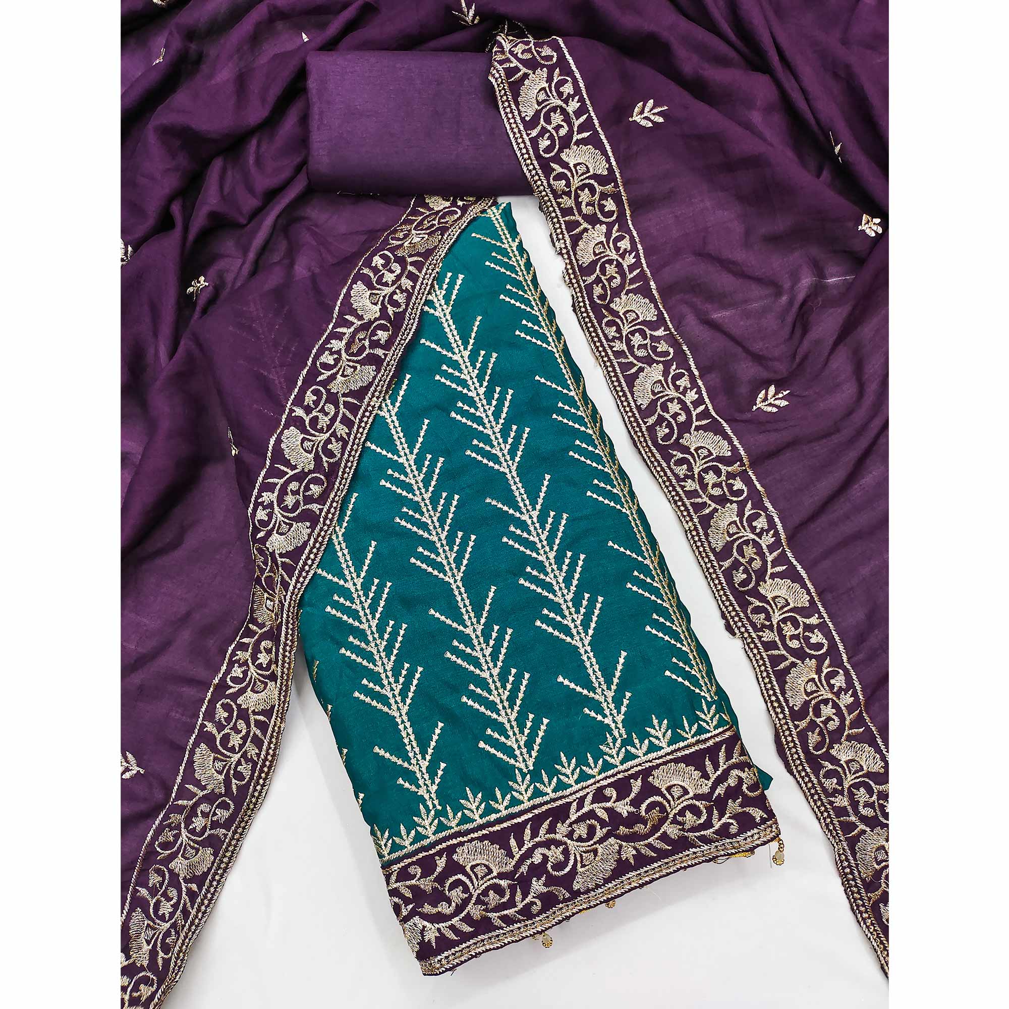 Teal Vichitra Silk Dress Material Featuring Graceful Floral Embroidery Work