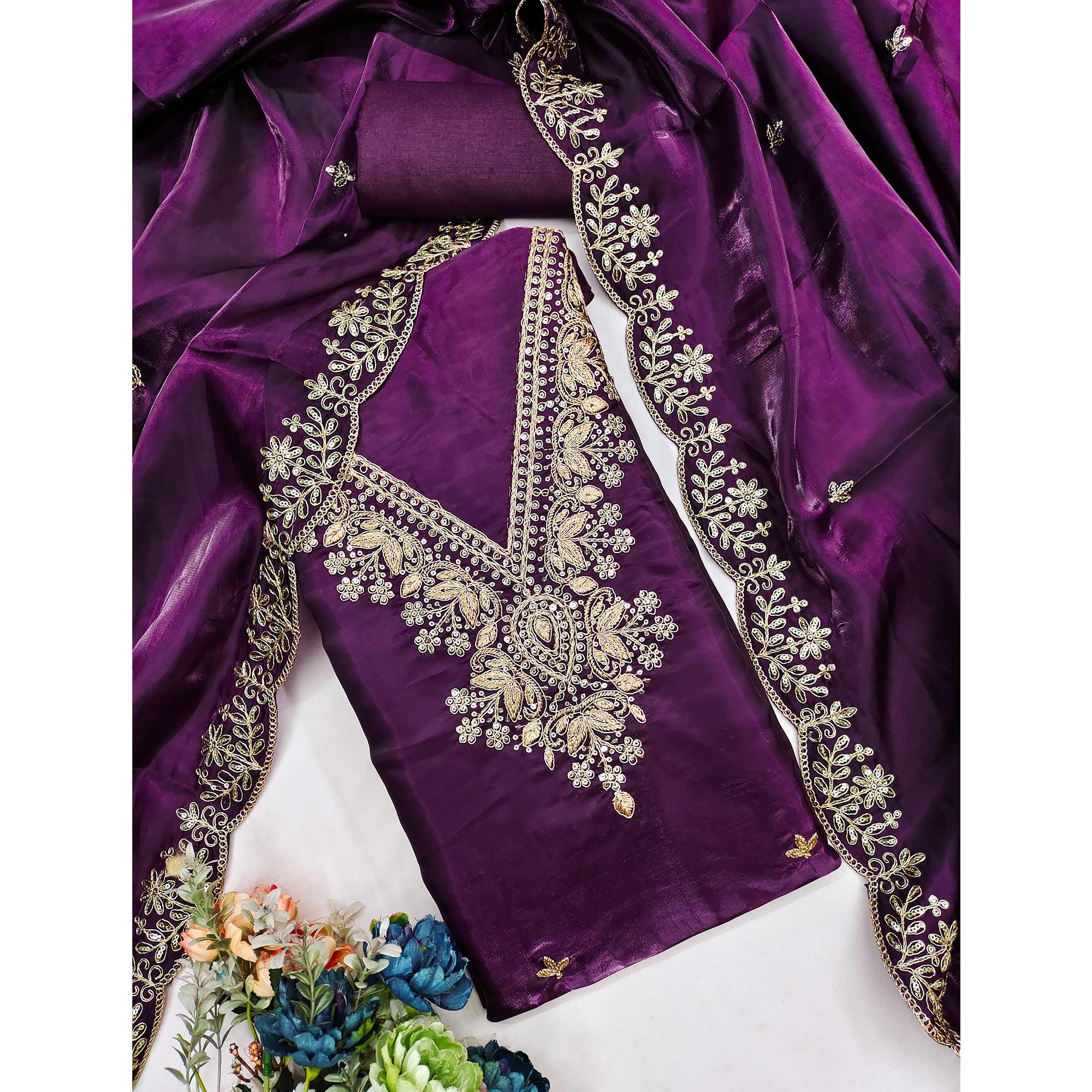 Deep Purple Unstitched Organza Suit with Thread Embroidery