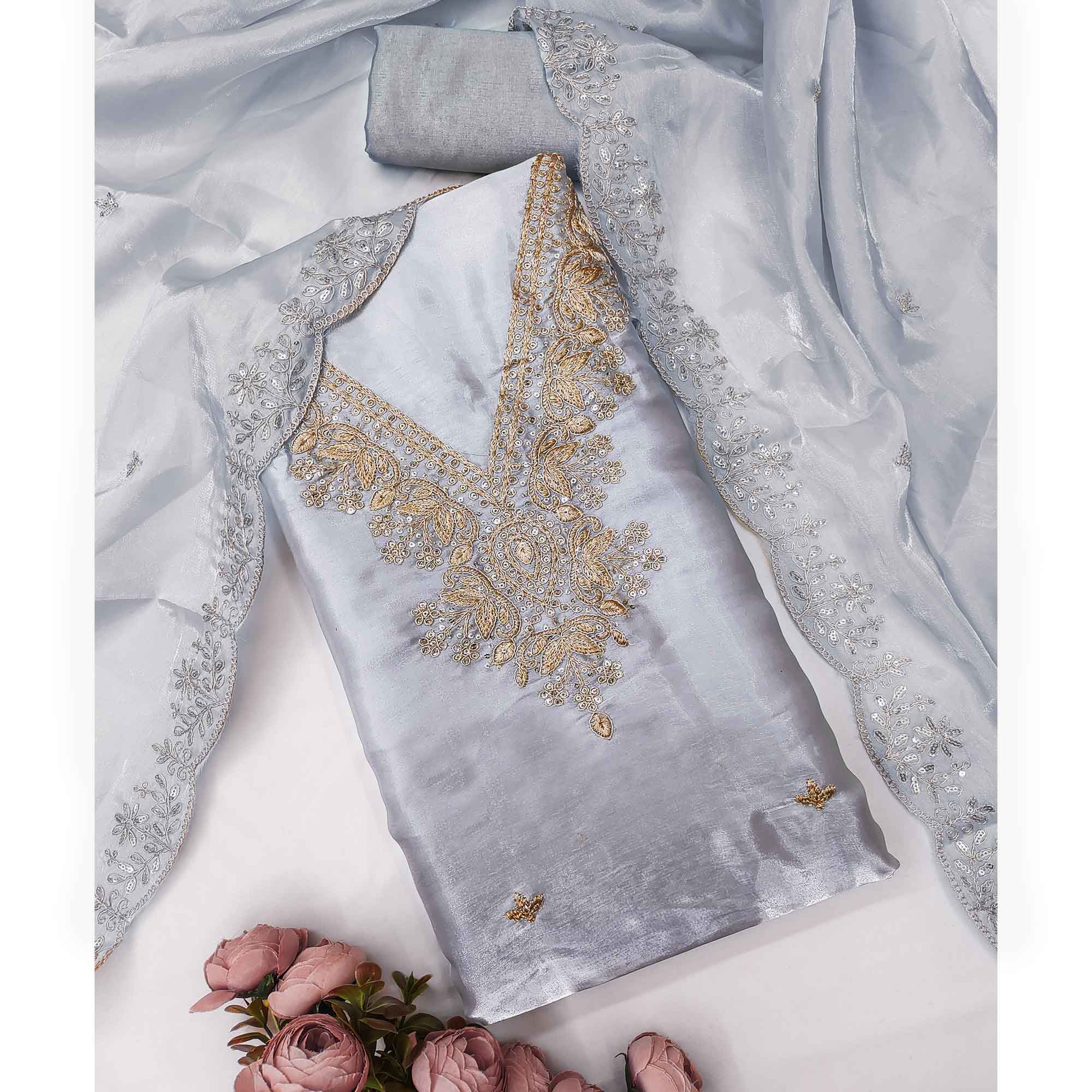 Grey Organza Dress Material With Elegant Thread Embroidery