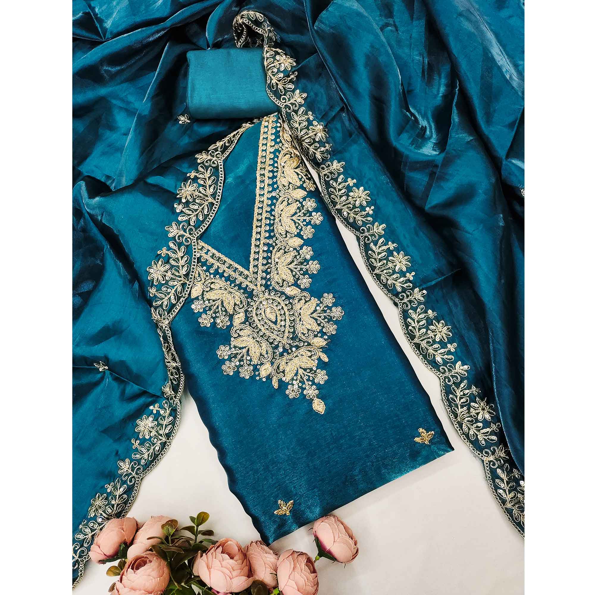 Morpich Blue Organza Dress Material With Elegant Thread Embroidery