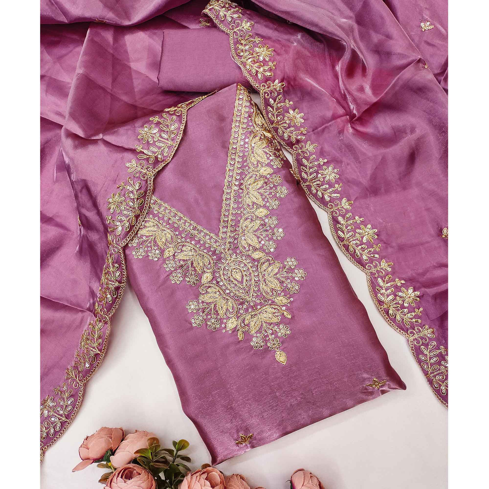 Onion Pink Organza Dress Material With Elegant Thread Embroidery