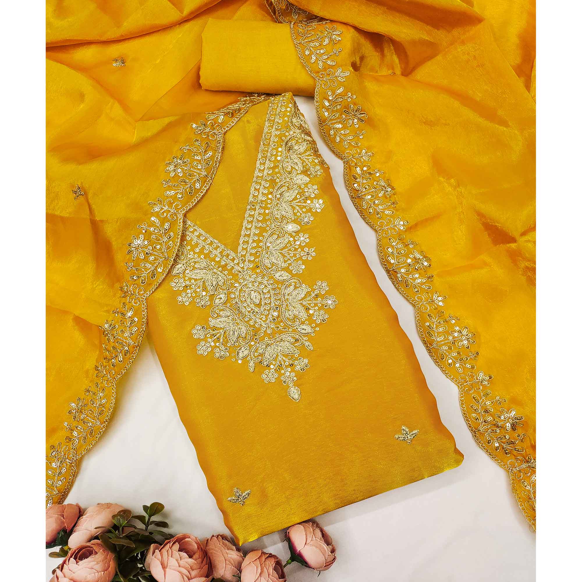 Yellow Organza Dress Material With Elegant Thread Embroidery