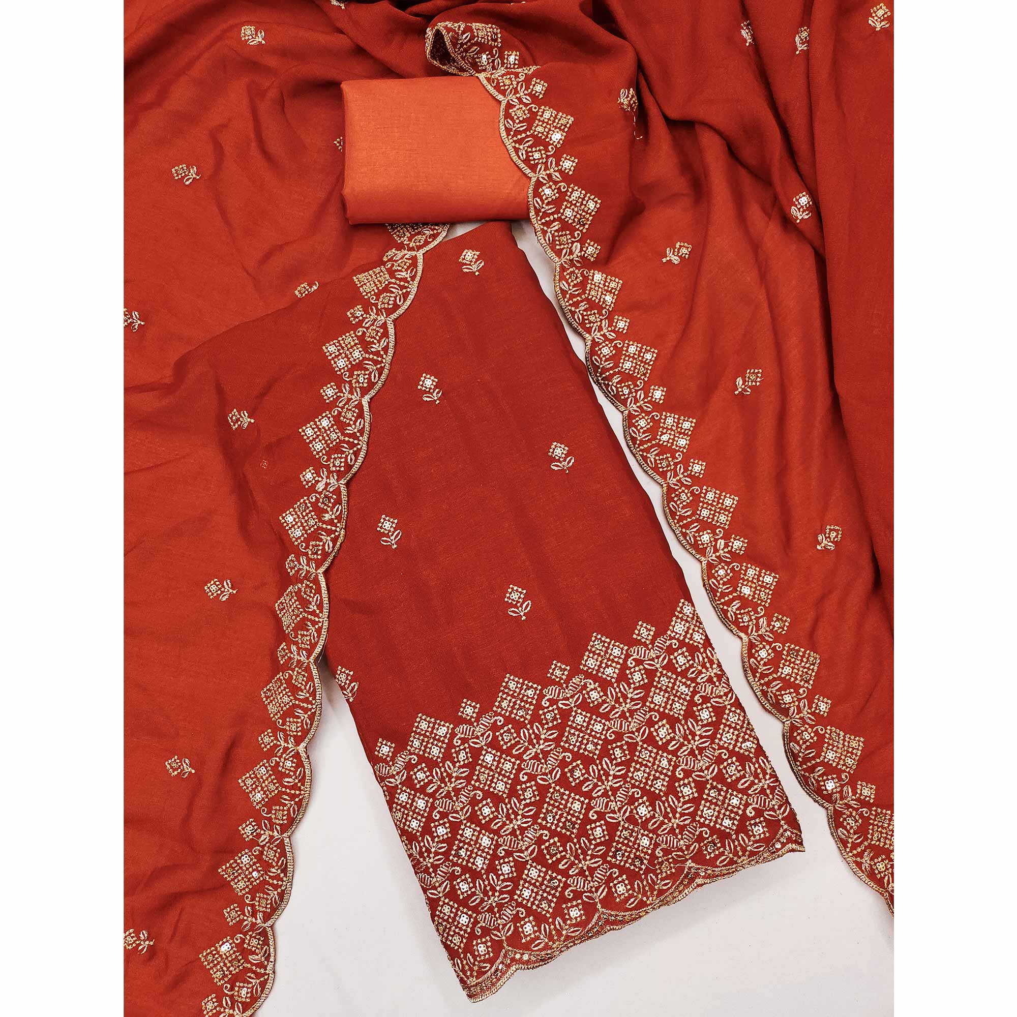 Orange Vichitra Silk Dress Material Featuring Intricate Floral Embroidery & Sequins Work