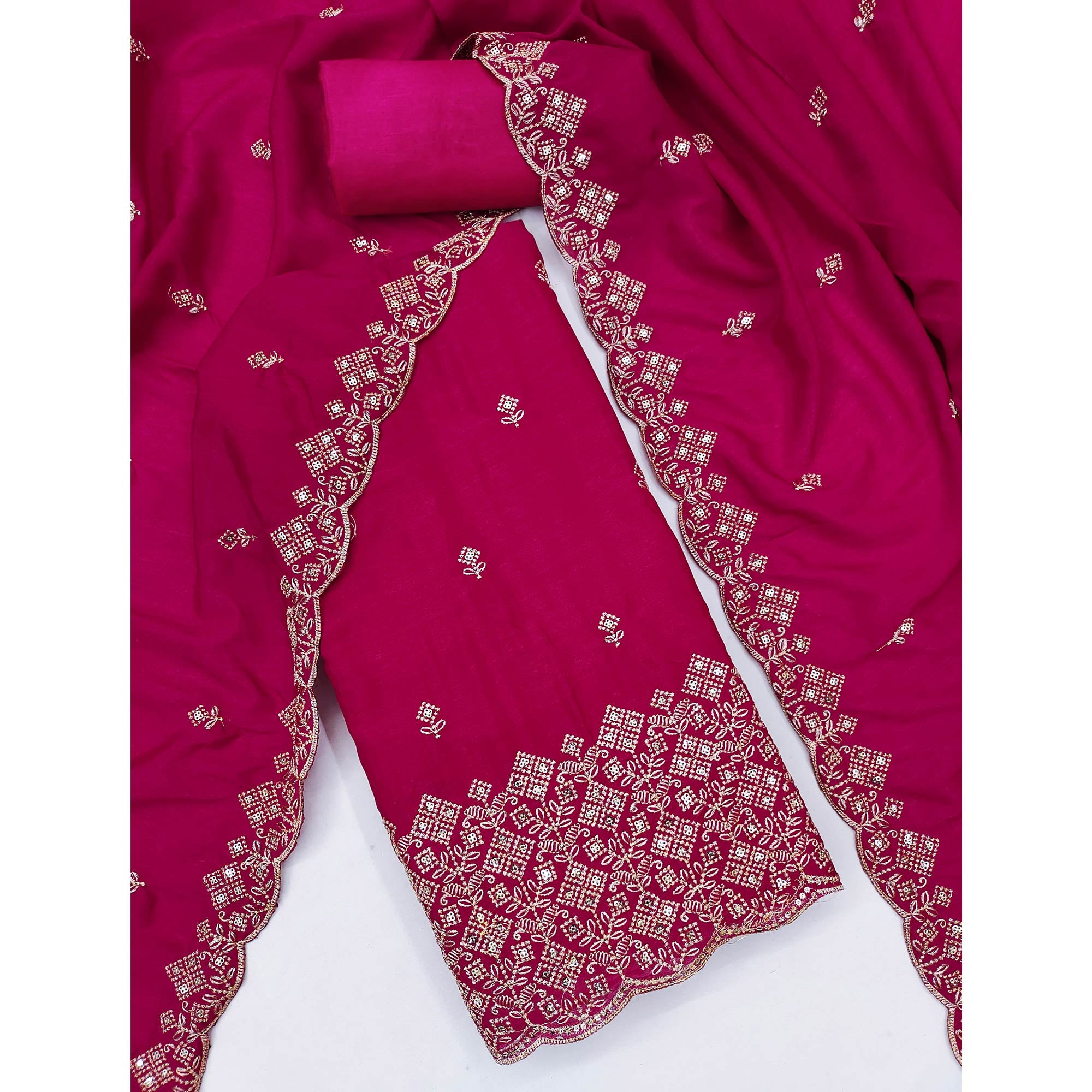 Rani Pink Vichitra Silk Dress Material Featuring Intricate Floral Embroidery & Sequins Work