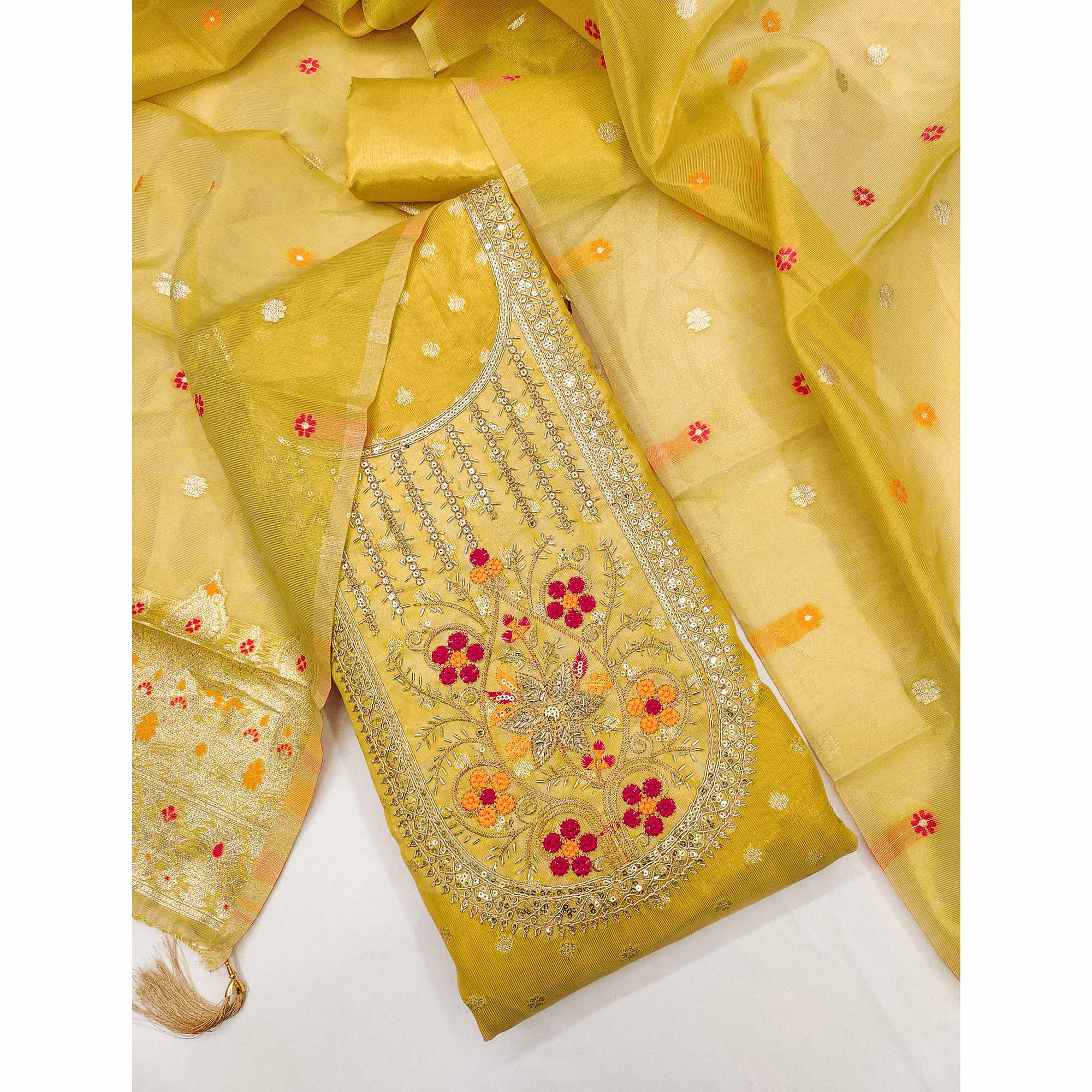 Yellow Shimmer Dress Material Adorned With Graceful Floral Weaving & Delicate Sequins Embroidery