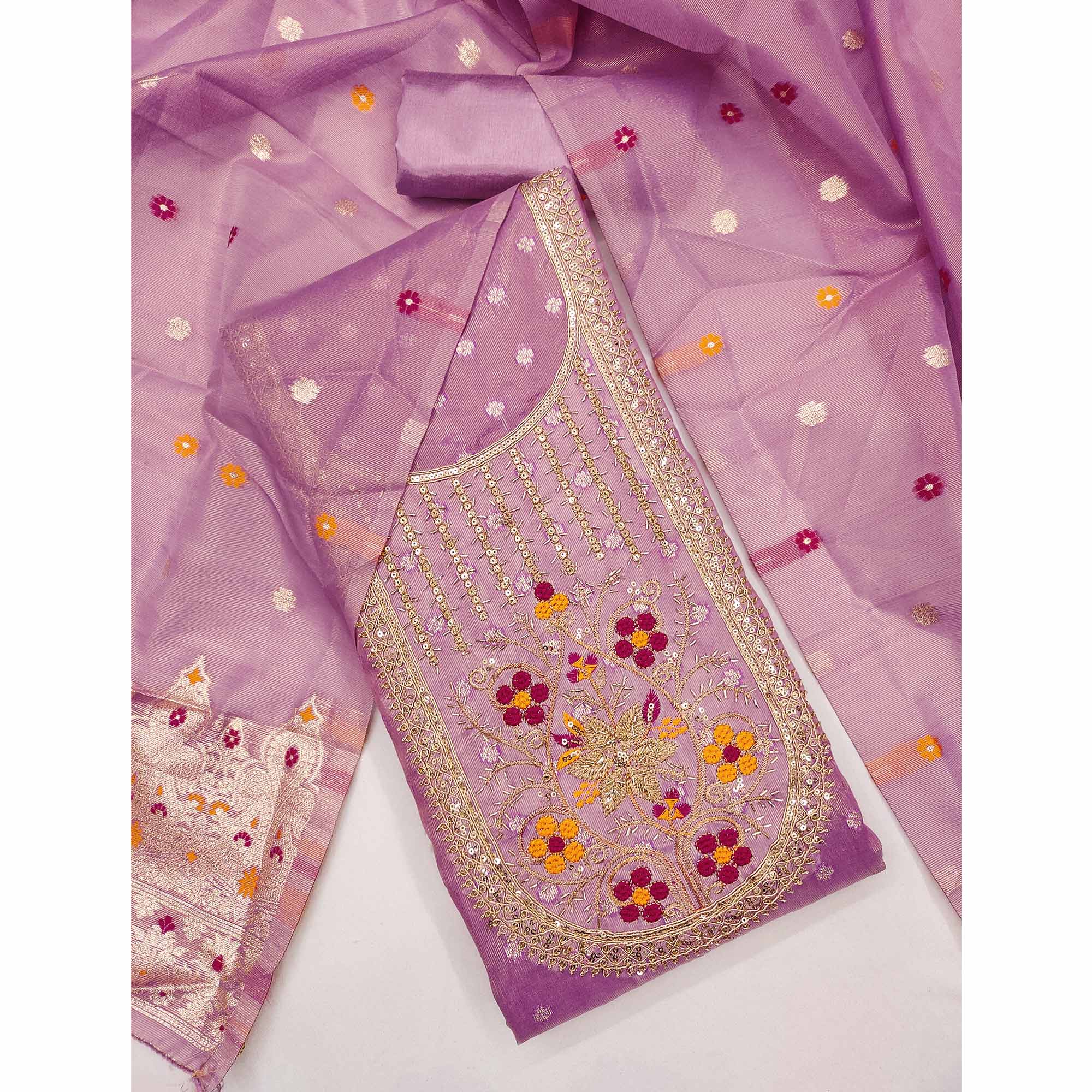Lavender Shimmer Dress Material Adorned With Graceful Floral Weaving & Delicate Sequins Embroidery