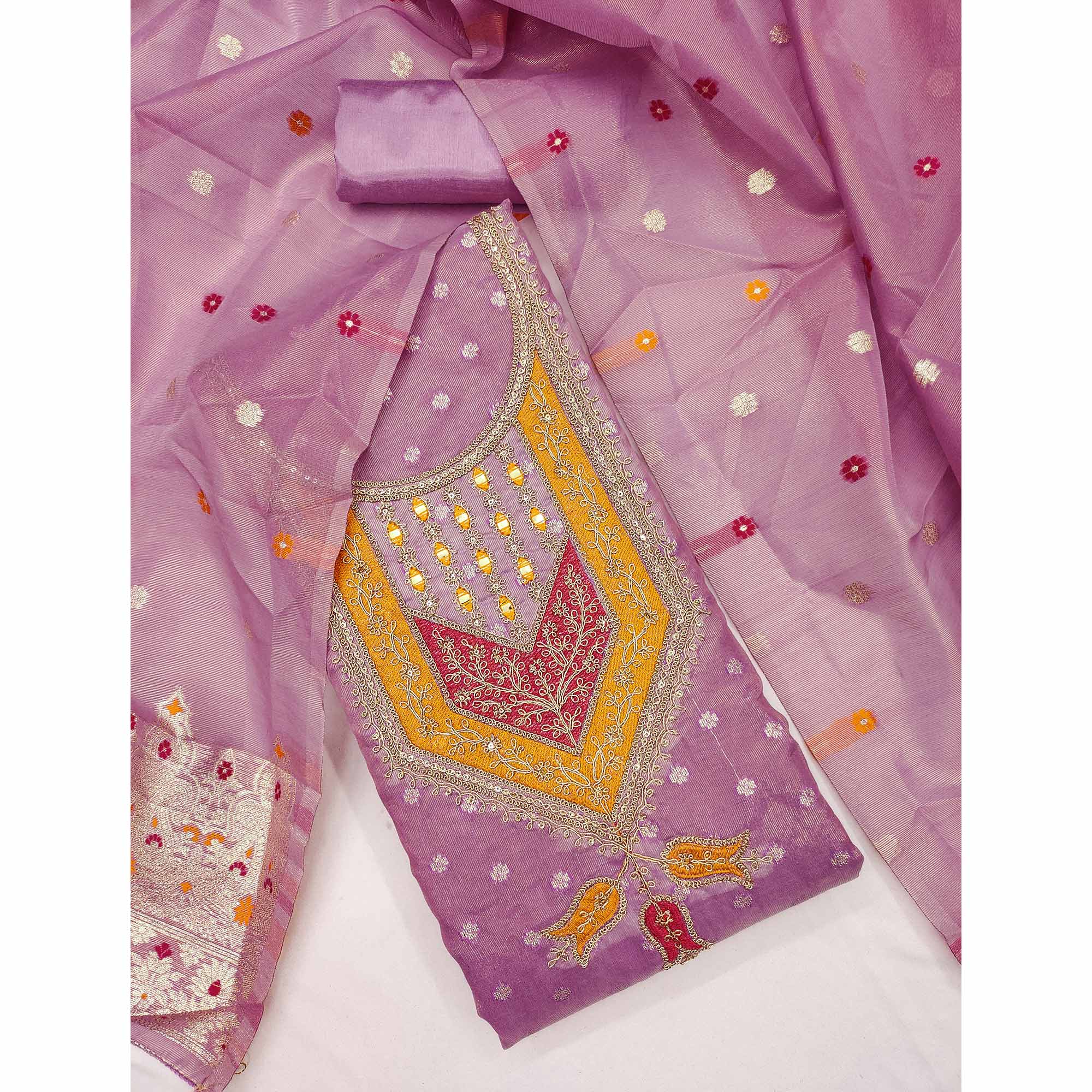 Lavender Shimmer Dress Material Featuring Floral Weaving & Sparkling Sequins Embroidery