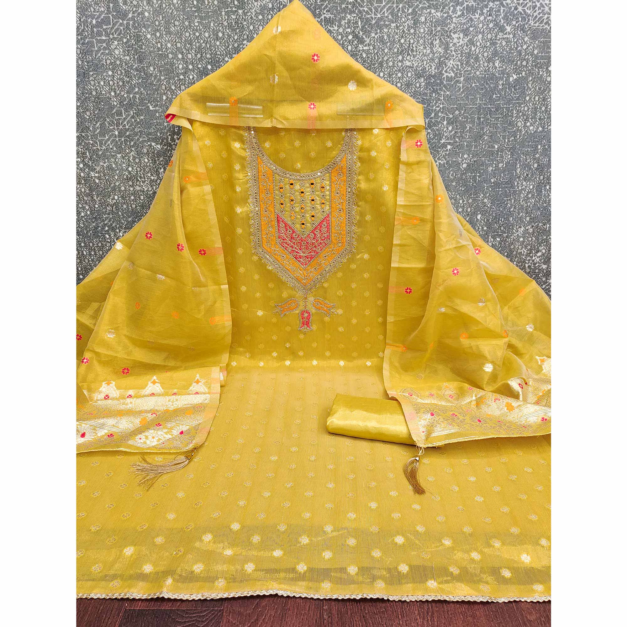 Yellow Shimmer Dress Material Featuring Floral Weaving & Sparkling Sequins Embroidery