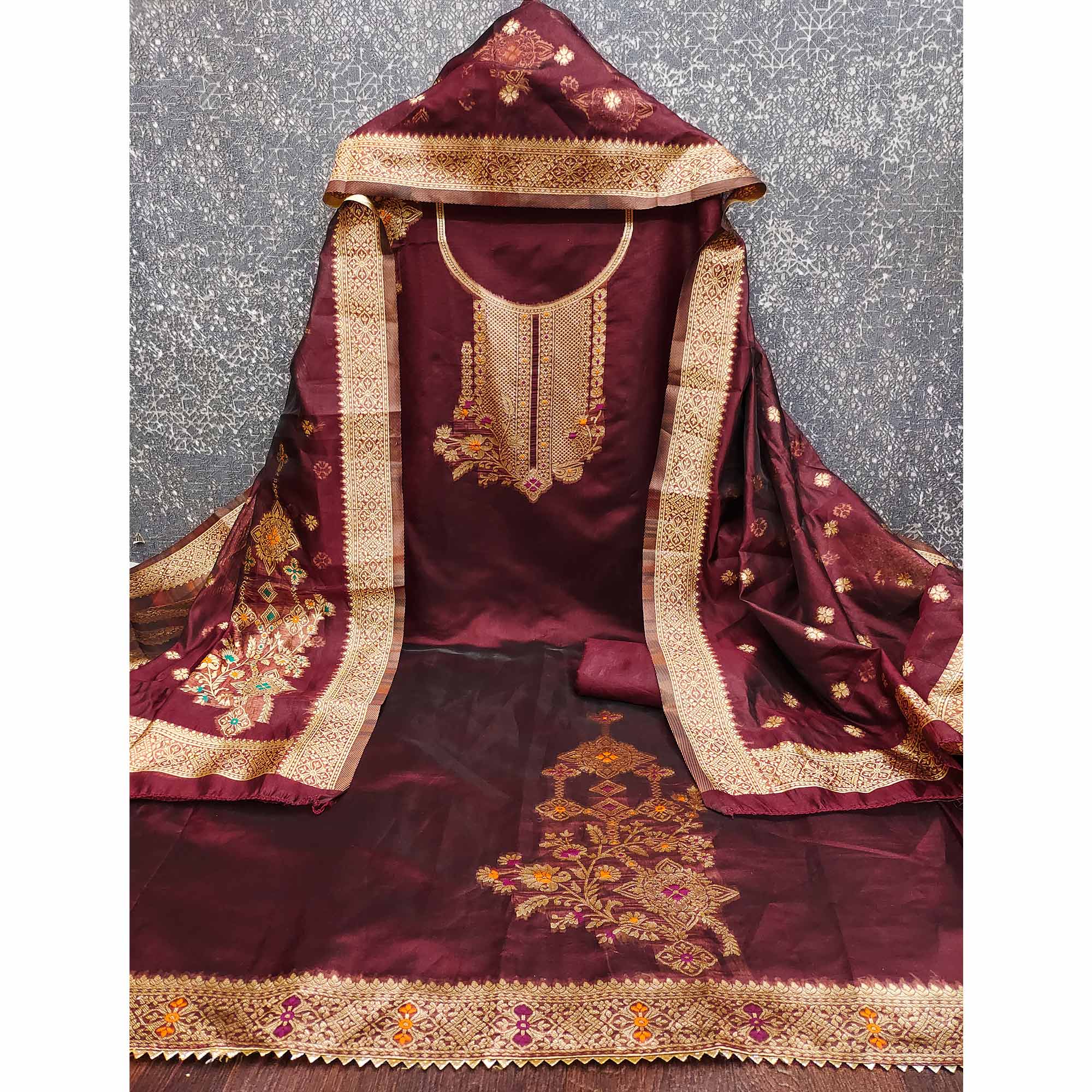 Maroon Organza Silk Dress Material Adorned With Exquisite Floral Zari Weaving Work