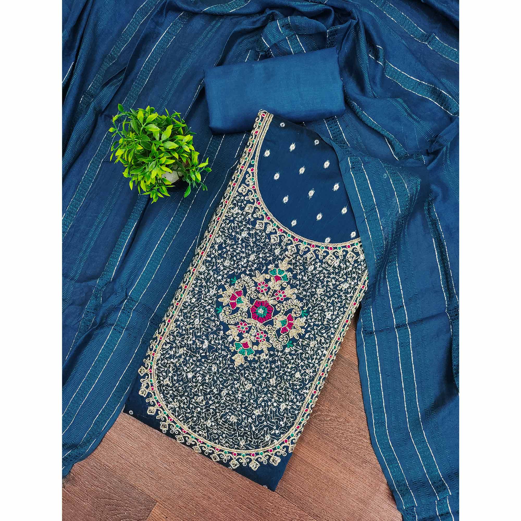 Morpich Blue Floral Butti Jacquard Chanderi Silk Dress Material With Sparkling Sequins Embroidery