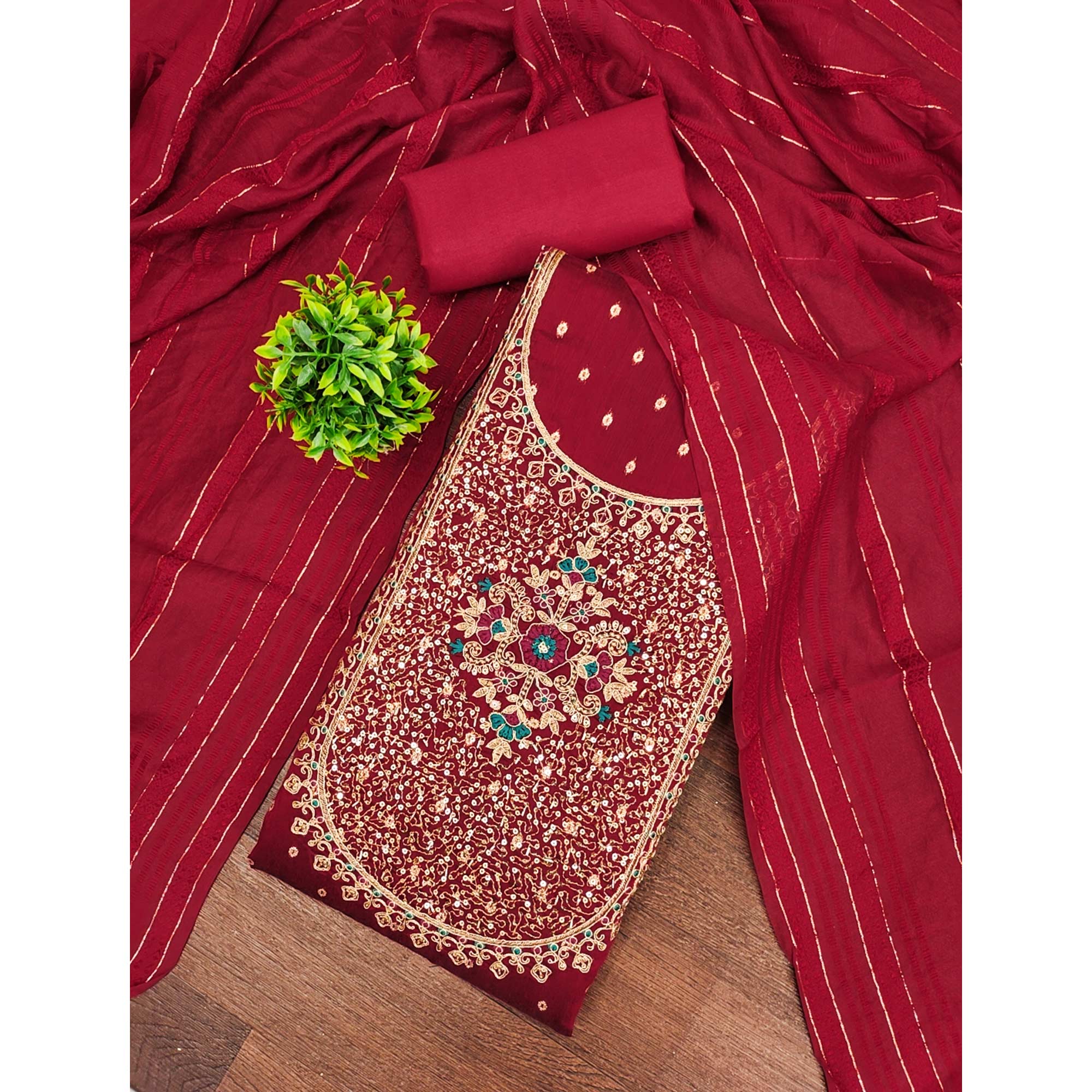 Red Floral Butti Jacquard Chanderi Silk Dress Material Enhanced With Sparkling Sequins Embroidery