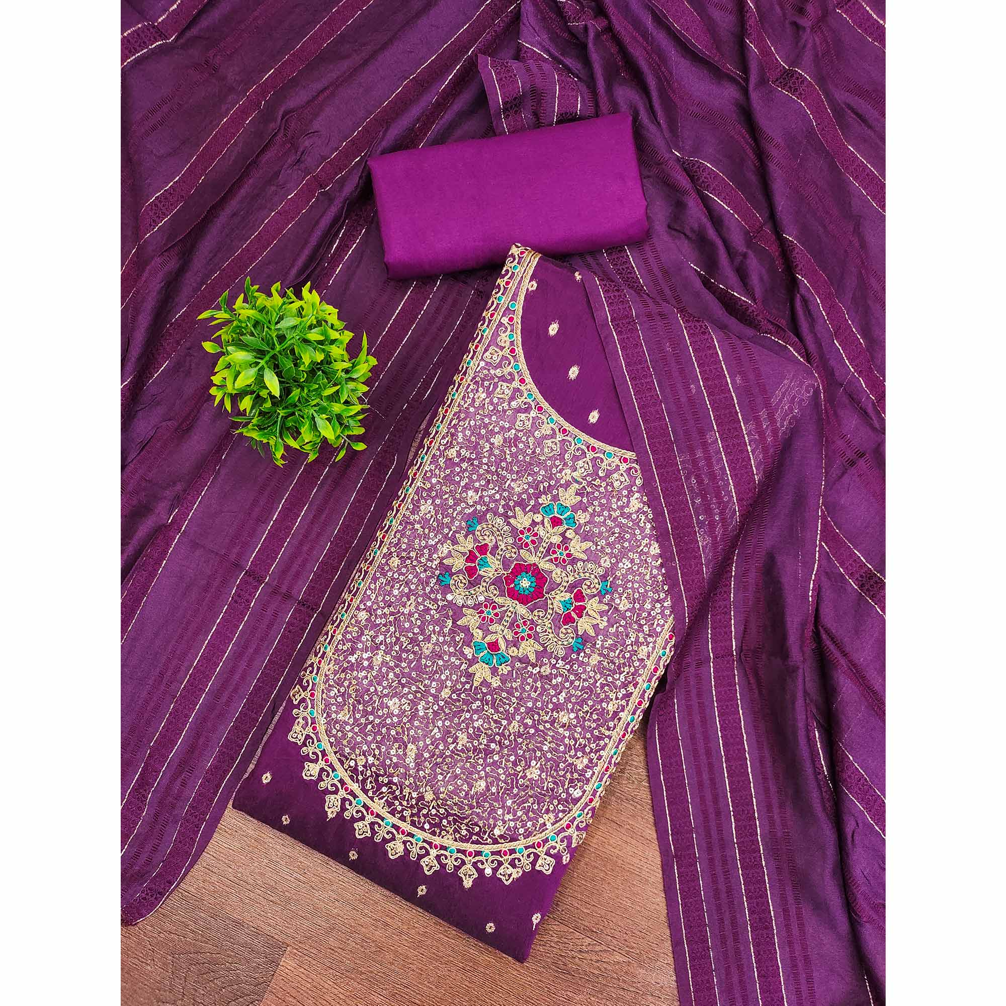 Wine Floral Butti Jacquard Chanderi Silk Dress Material Enhanced With Sparkling Sequins Embroidery