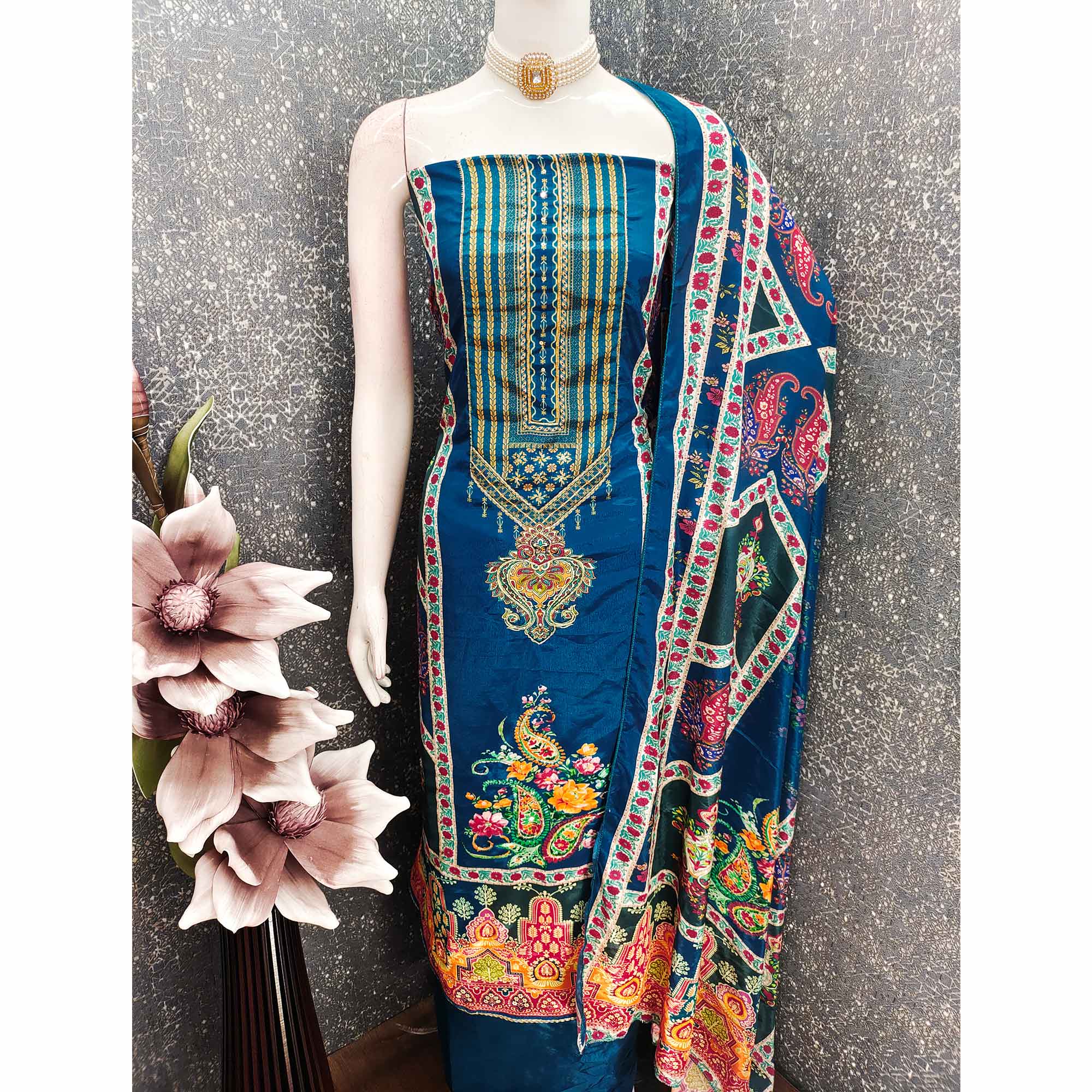 Blue Digital Printed Chinon Dress Material With Sequins & Handwork Embellishment