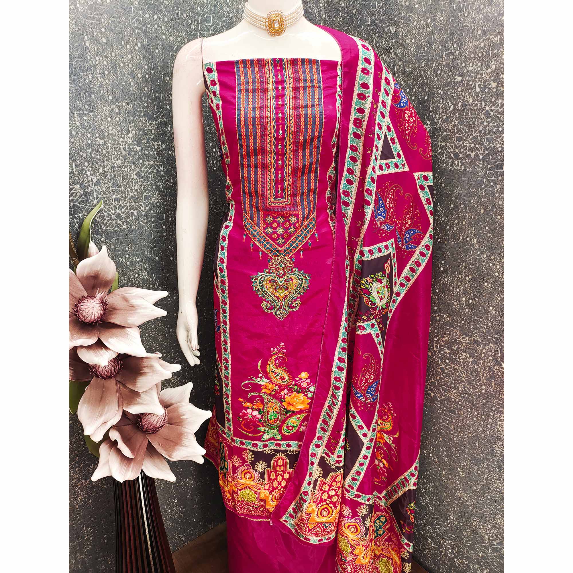Rani PInk Digital Printed Chinon Dress Material With Sequins & Handwork Embellishment