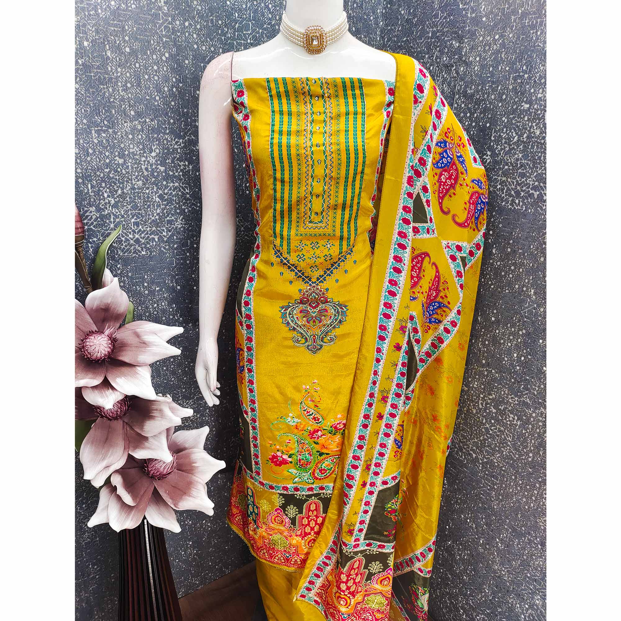Yellow Digital Printed Chinon Dress Material With Sequins & Handwork Embellishment