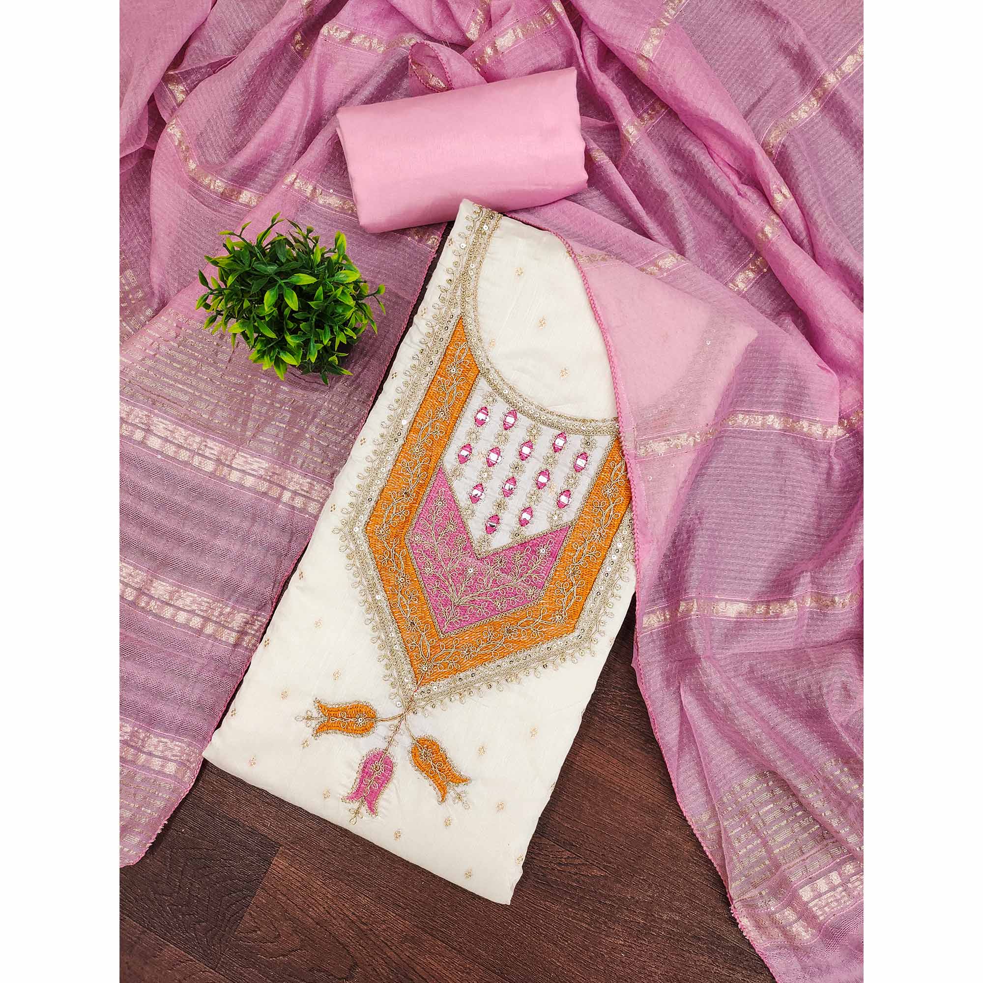 OffWhite & Pink Floral Cording & Sequins Embroidered With Butti Chanderi Silk Dress Material