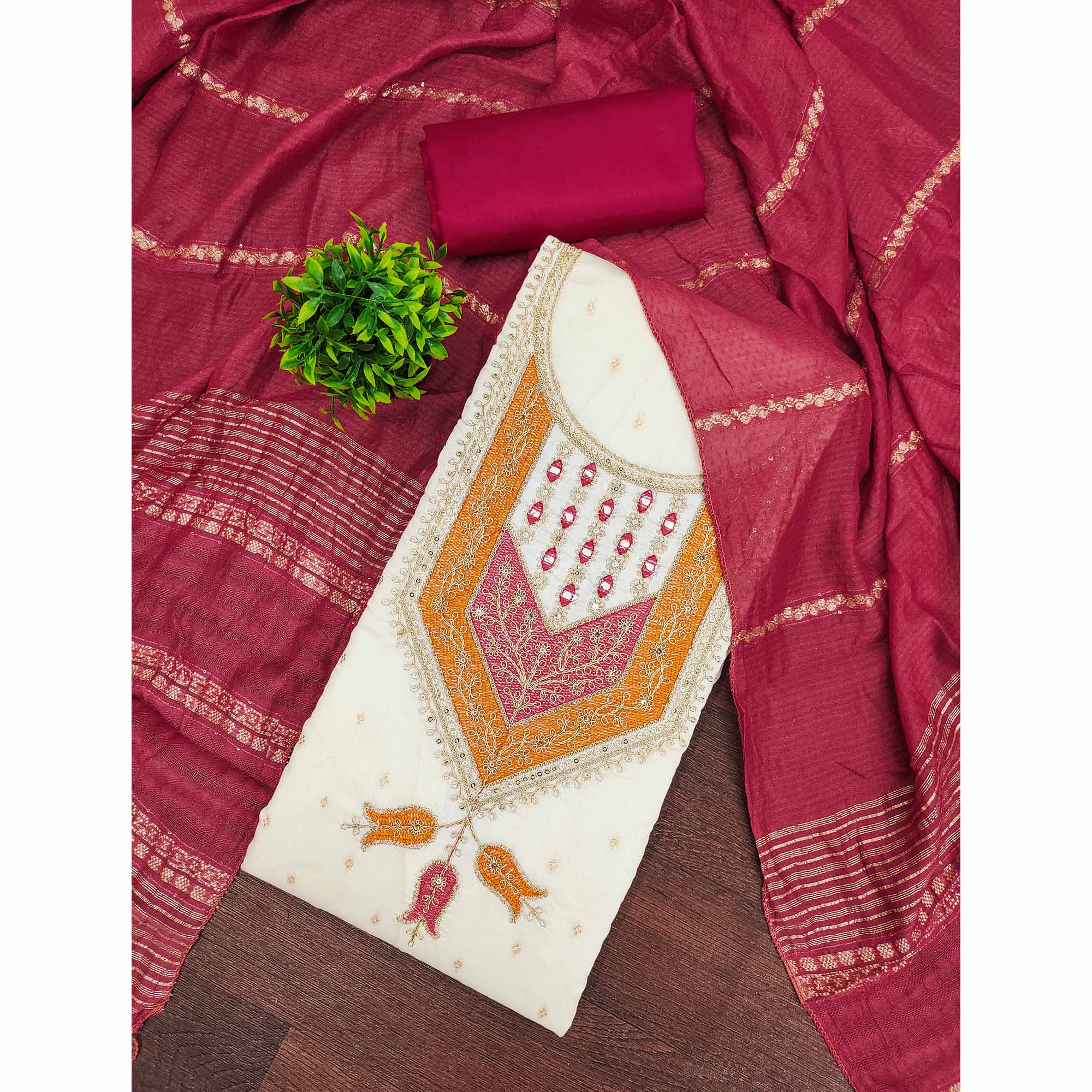 OffWhite & Cherry Red Floral Cording & Sequins Embroidered With Butti Chanderi Silk Dress Material