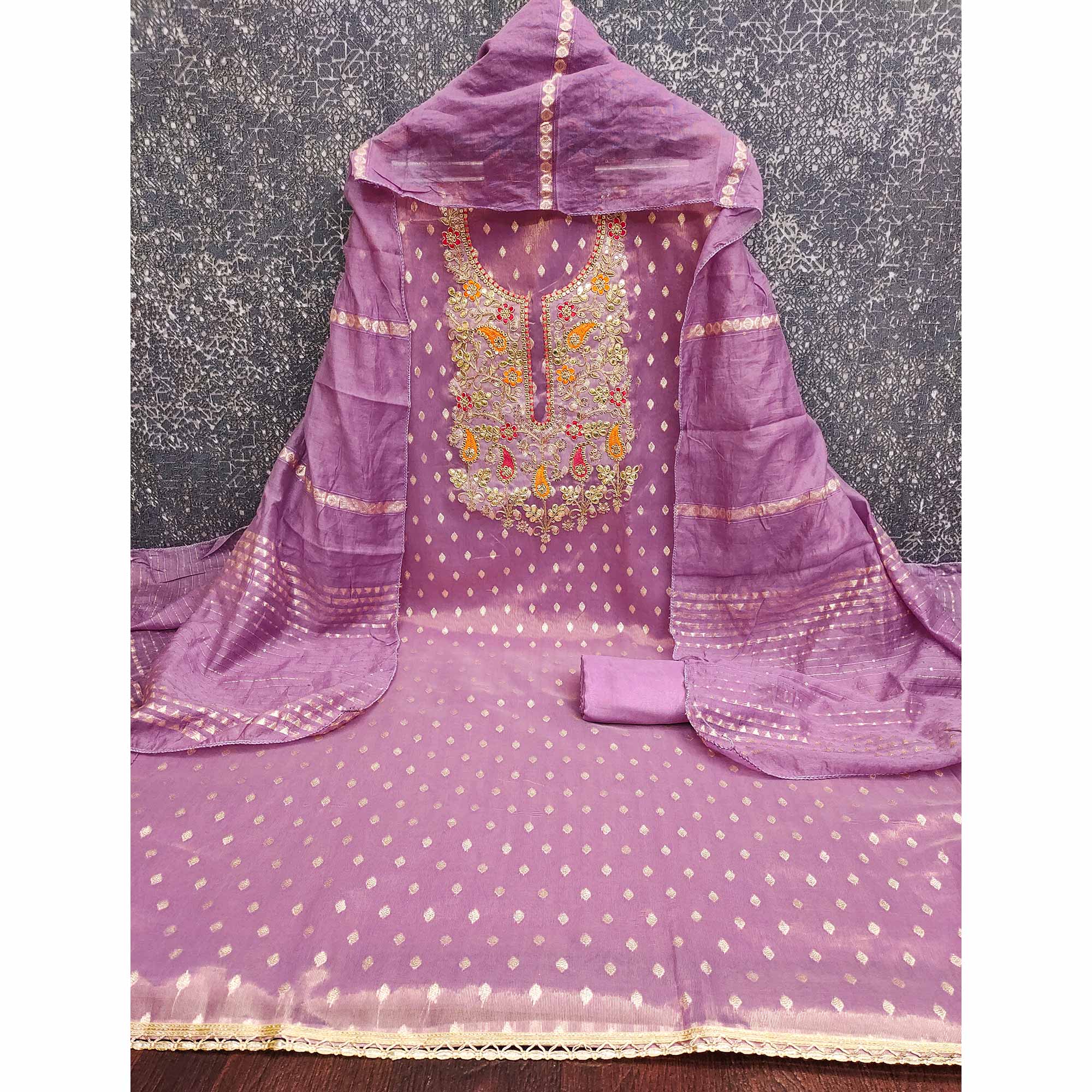 Lavender Woven Shimmer Dress Material Featuring Sequins Embroidery & Gota Patti Accents