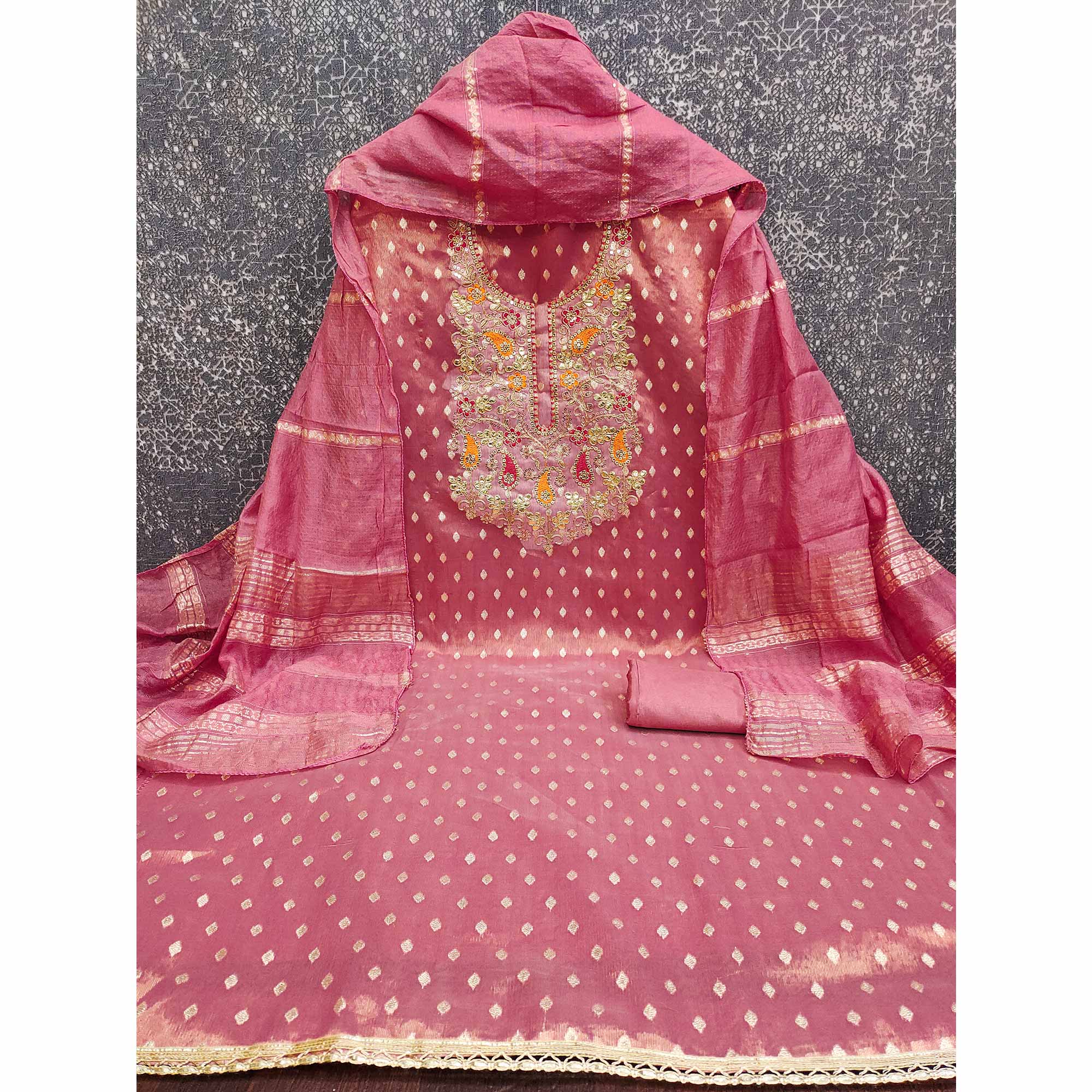 Pink Woven Shimmer Dress Material Featuring Sequins Embroidery & Gota Patti Accents