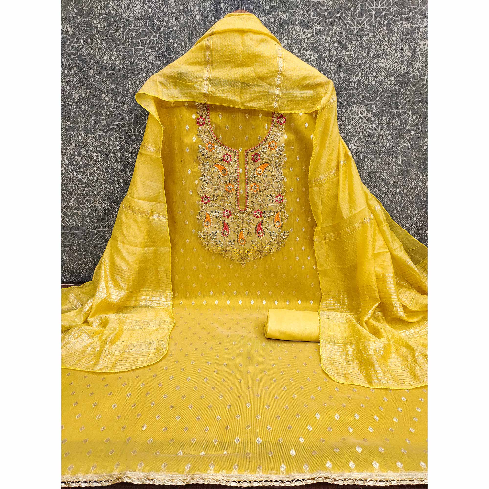 Yellow Woven Shimmer Dress Material Featuring Sequins Embroidery & Gota Patti Accents