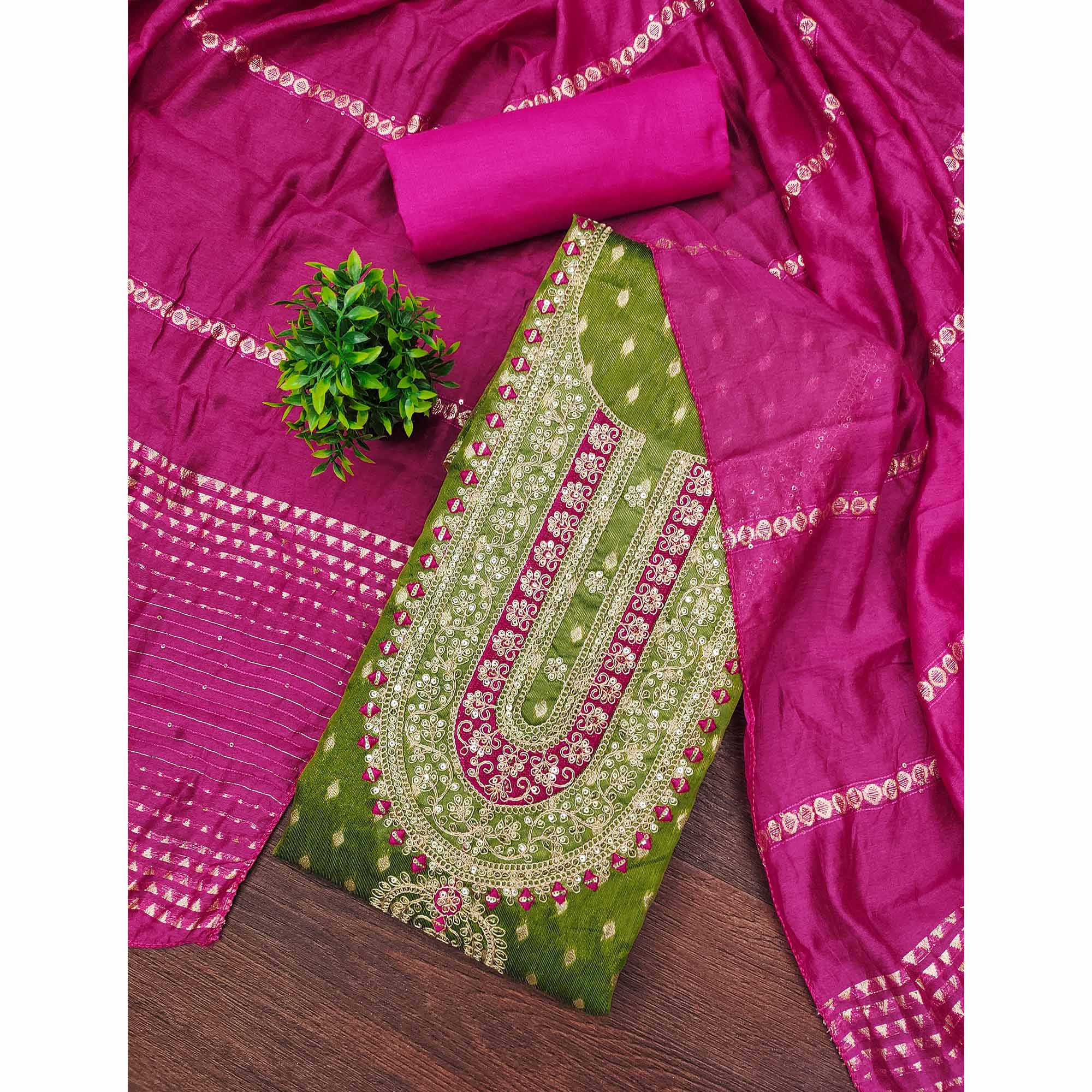 Green Butti Jacquard Shimmer Dress Material Enhanced With Sequins Cording Embroidery