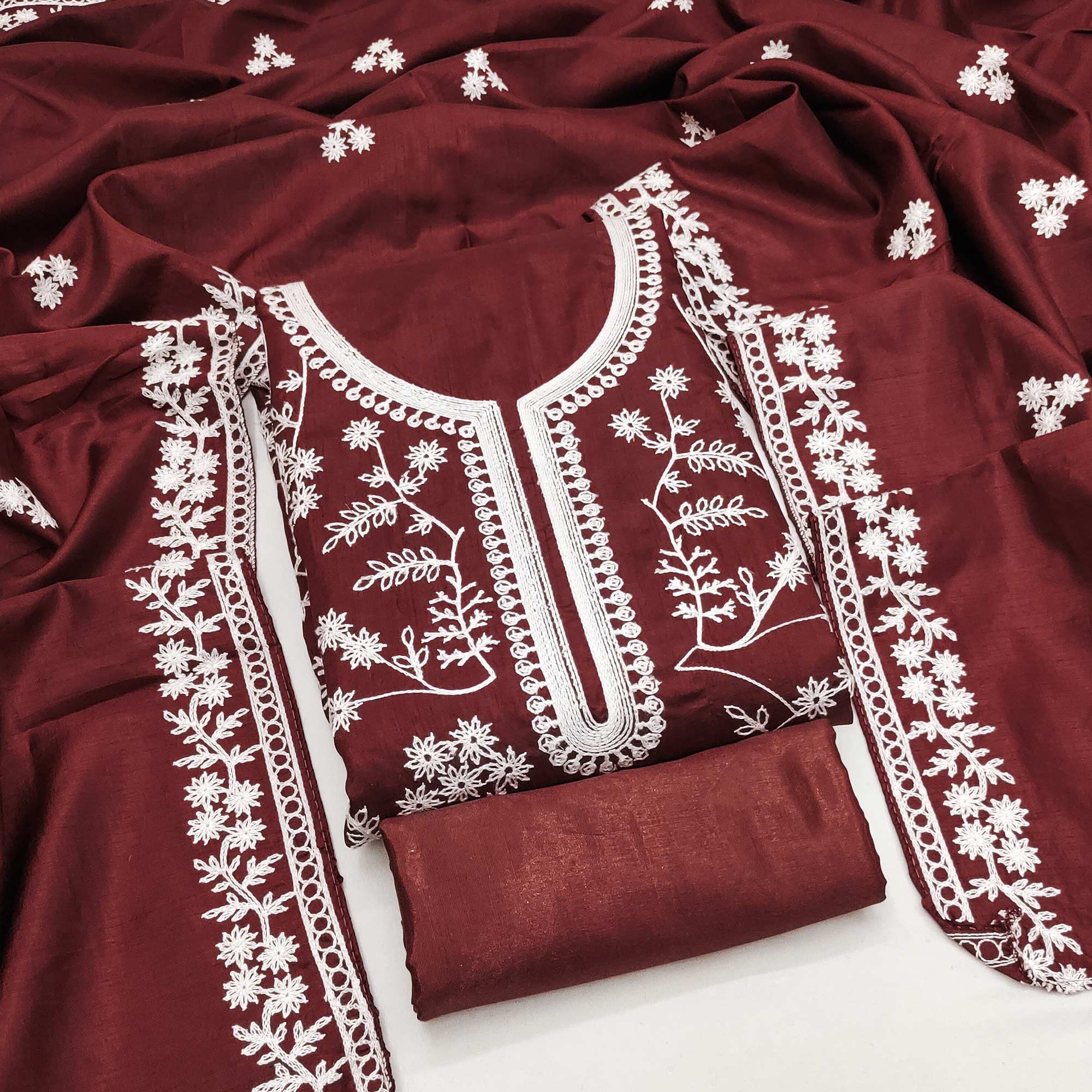 Maroon Art Silk Dress Material Adorned With Floral Thread Embroidery Work