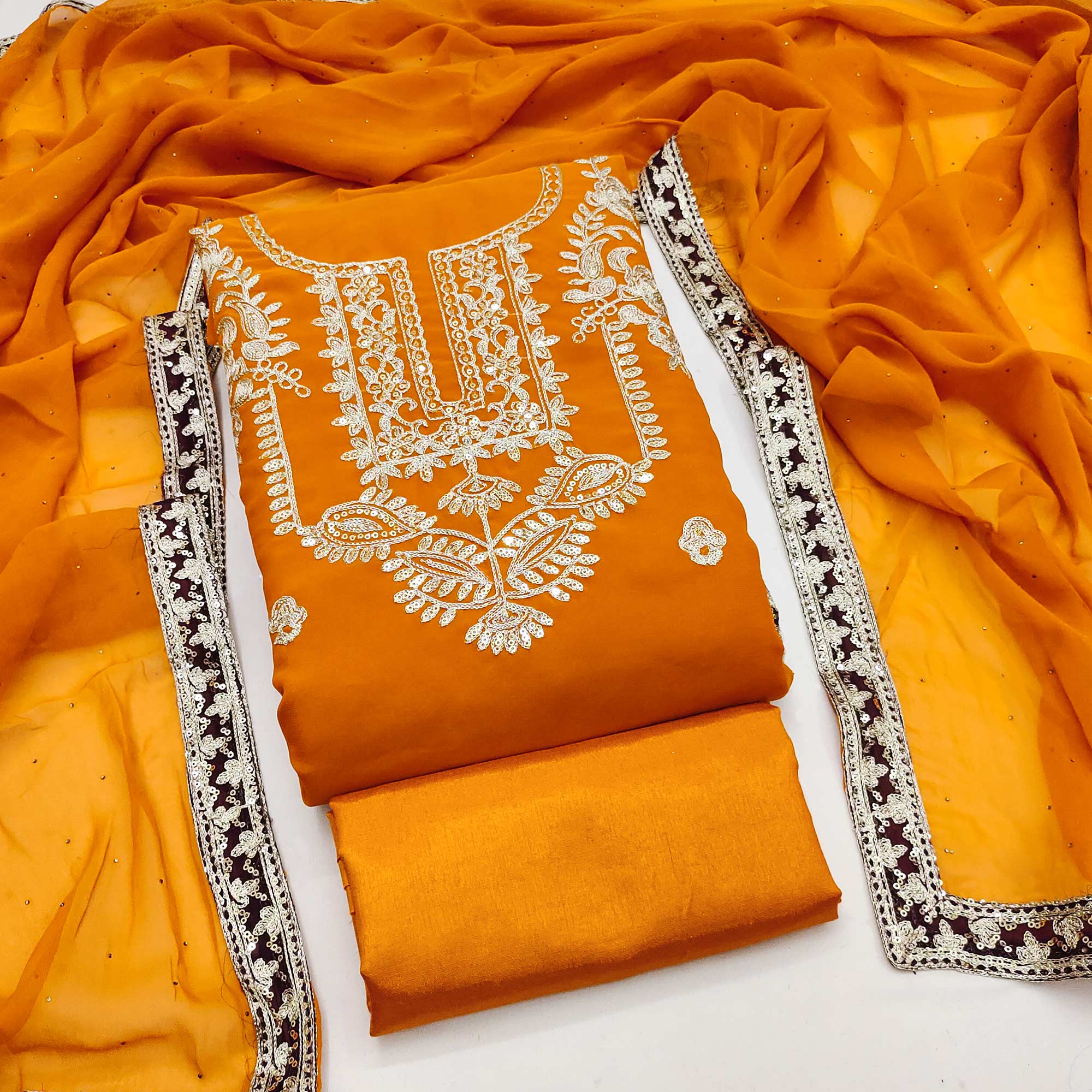 Mustard Georgette Dress Material Featuring Floral Thread Embroidery With Sequins Accents