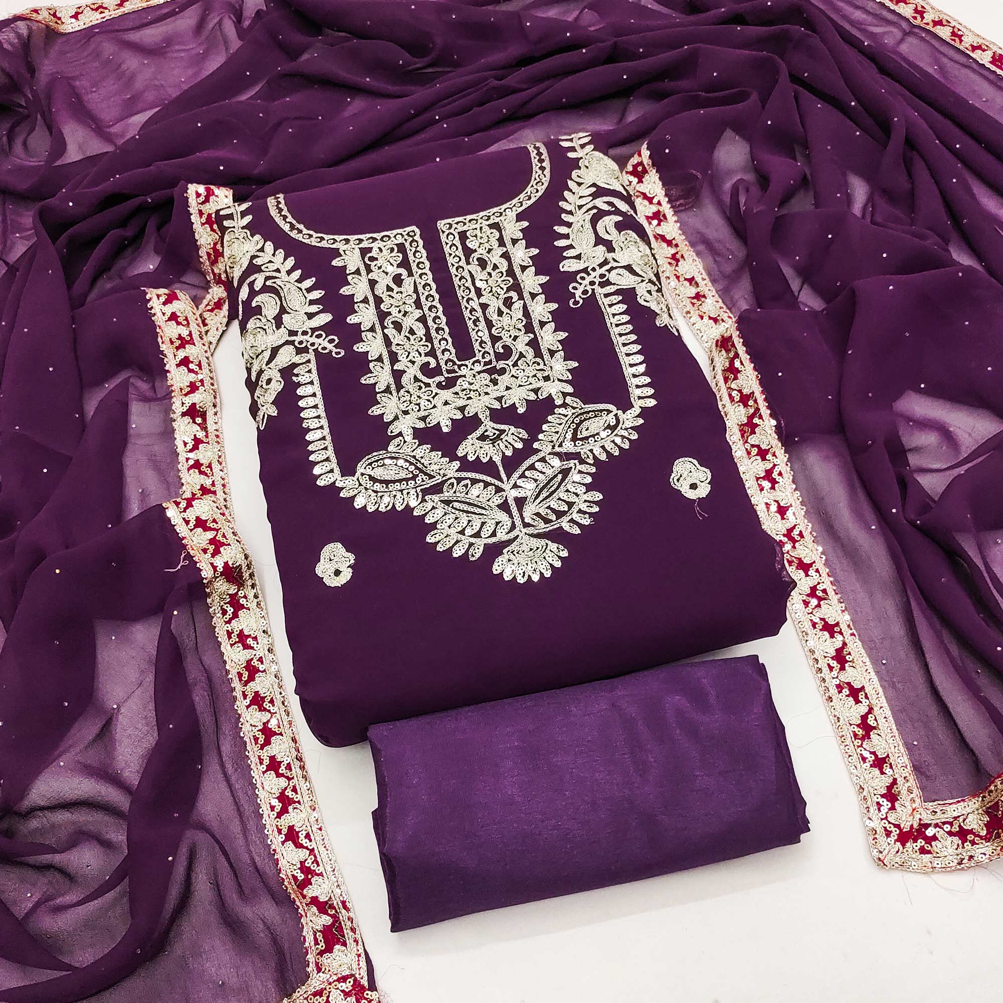 Purple Georgette Dress Material Featuring Floral Thread Embroidery With Sequins Accents