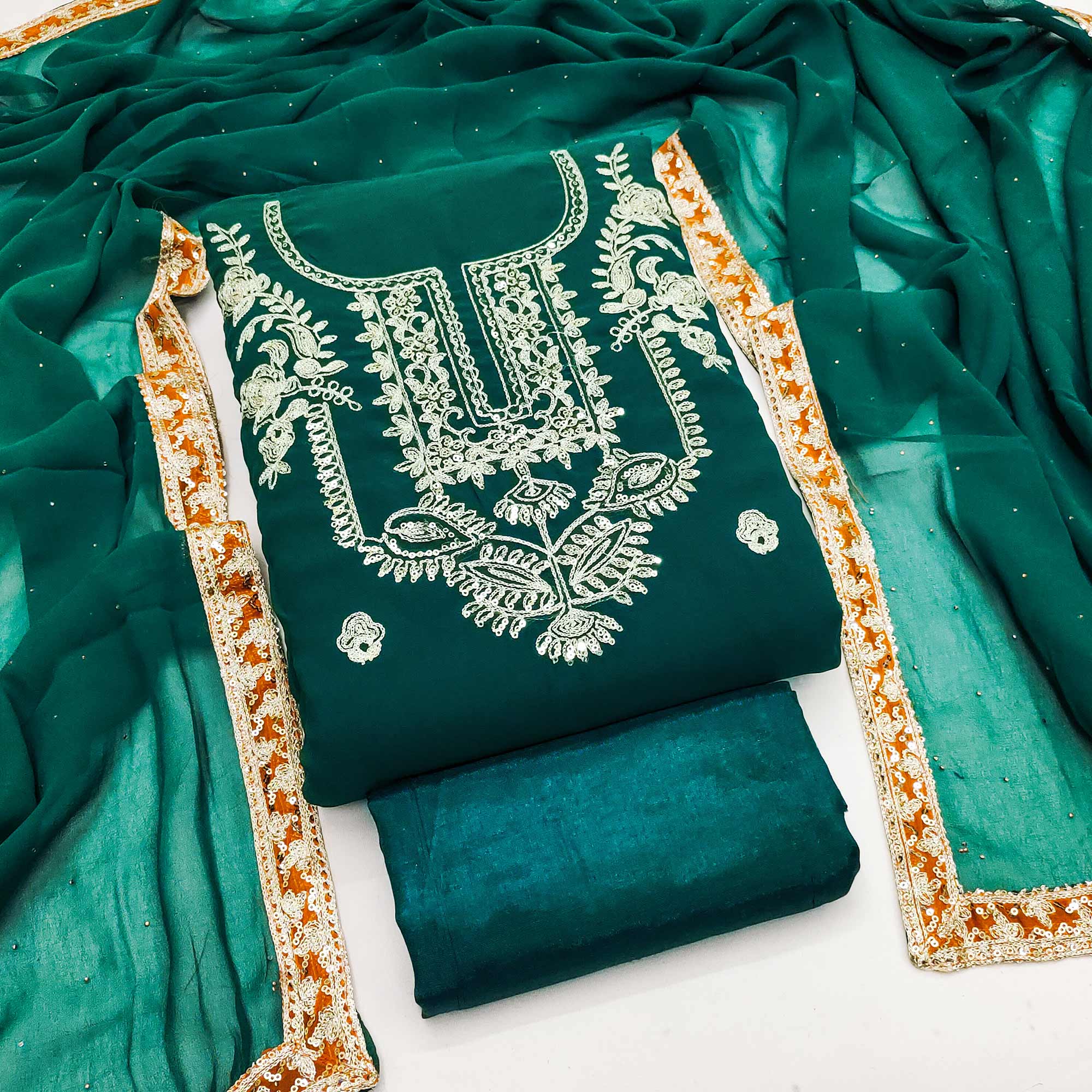 Rama Green Georgette Dress Material Featuring Floral Thread Embroidery With Sequins Accents