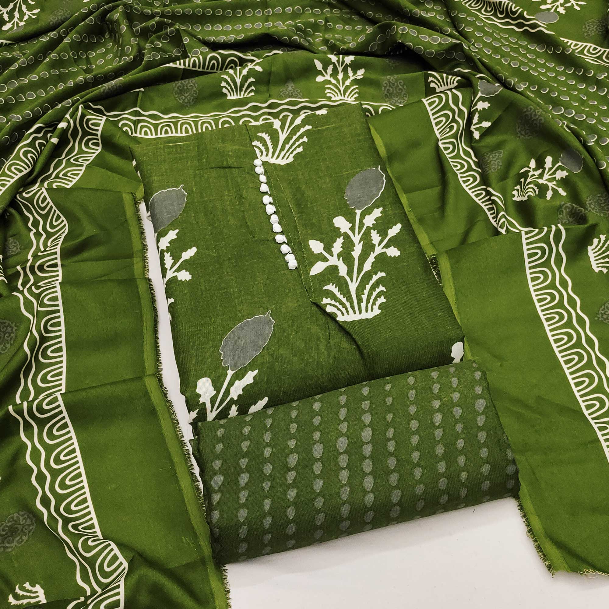 Green Cotton Blend Dress Material Designed With Beautiful Floral Prints