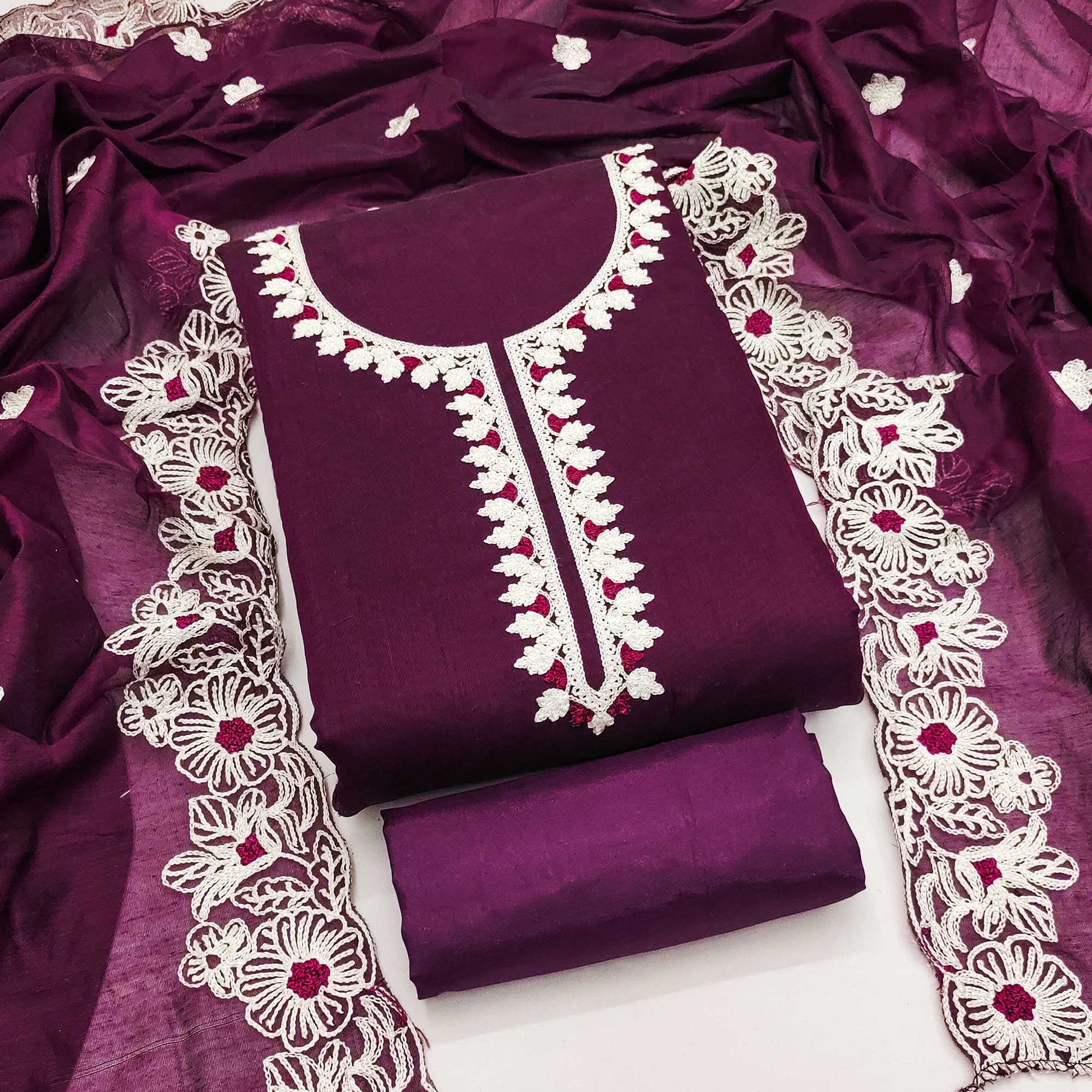 Purple Chanderi Silk Dress Material Enhanced With Floral Thread Embroidered Work
