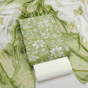 Green Cotton Blend Dress Material Adorned With Floral Printed Work
