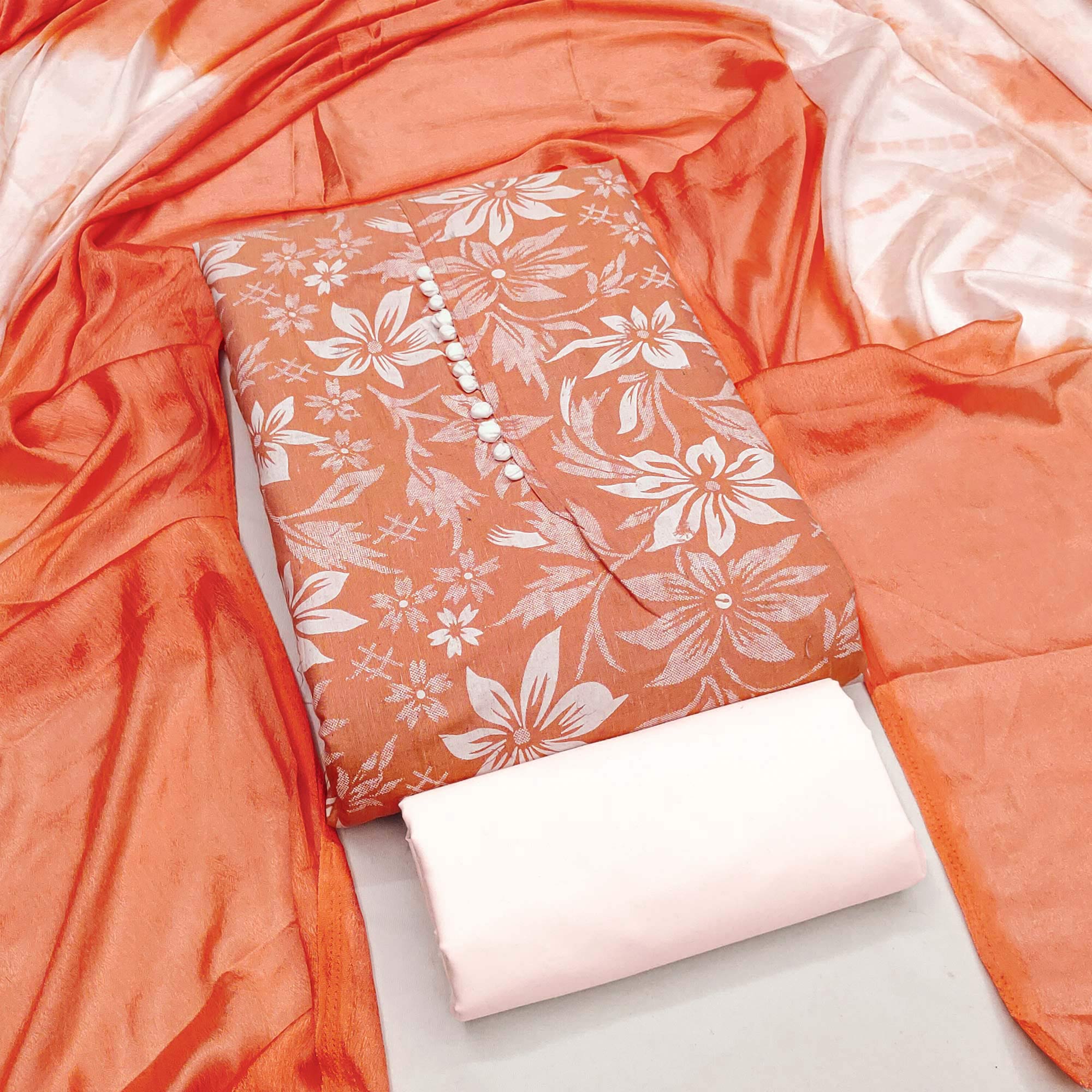 Peach Cotton Blend Dress Material Adorned With Floral Printed Work