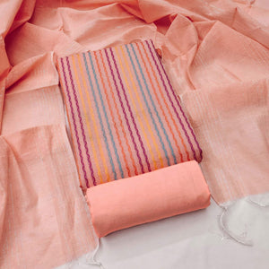 Peach Poly Cotton Blend  Dress Material Highlighted With Striped Woven Work