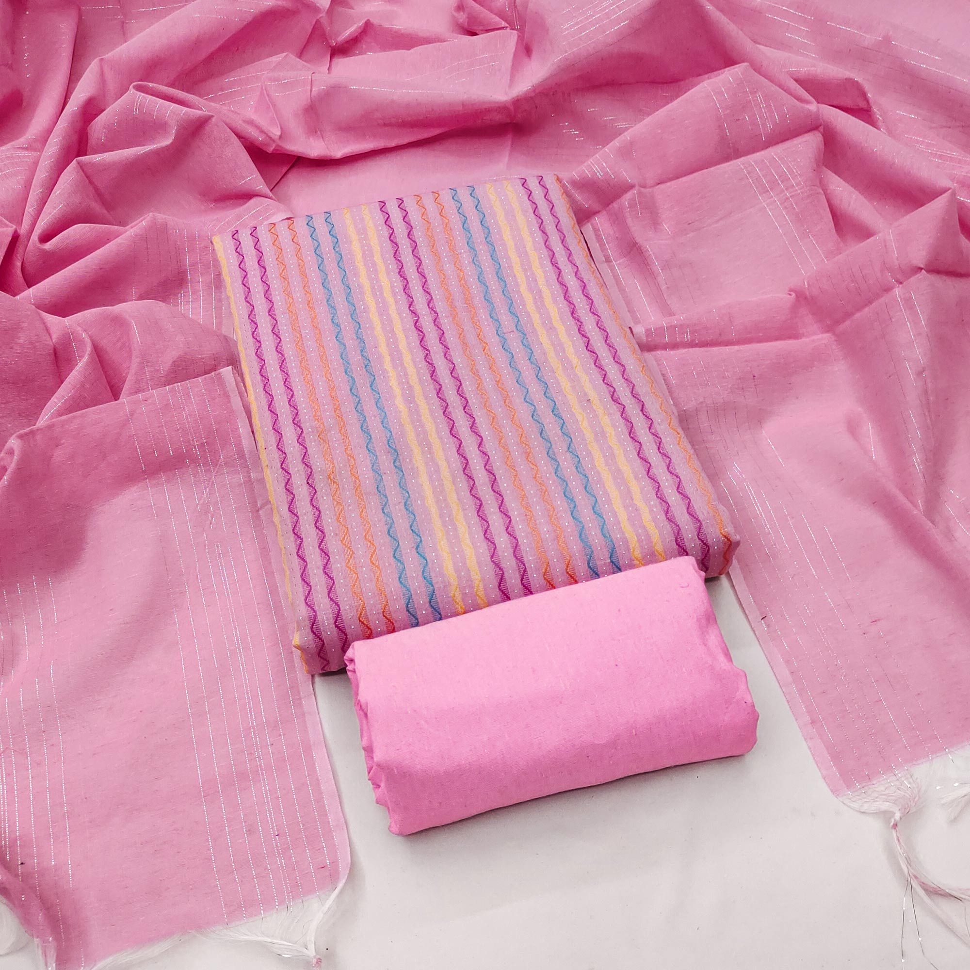 Pink Poly Cotton Blend  Dress Material Highlighted With Striped Woven Work
