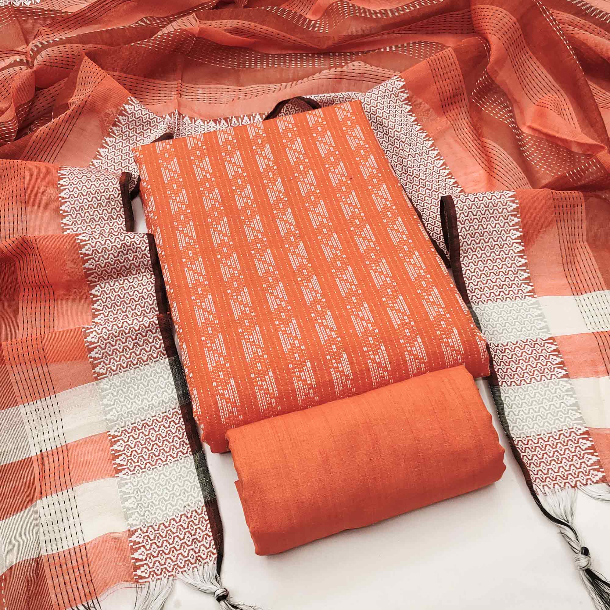 Orange Poly Cotton Blend Dress Material With Striped Pattern Weaving Work