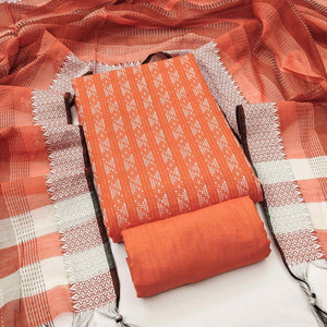 Orange Poly Cotton Blend Dress Material With Striped Pattern Weaving Work
