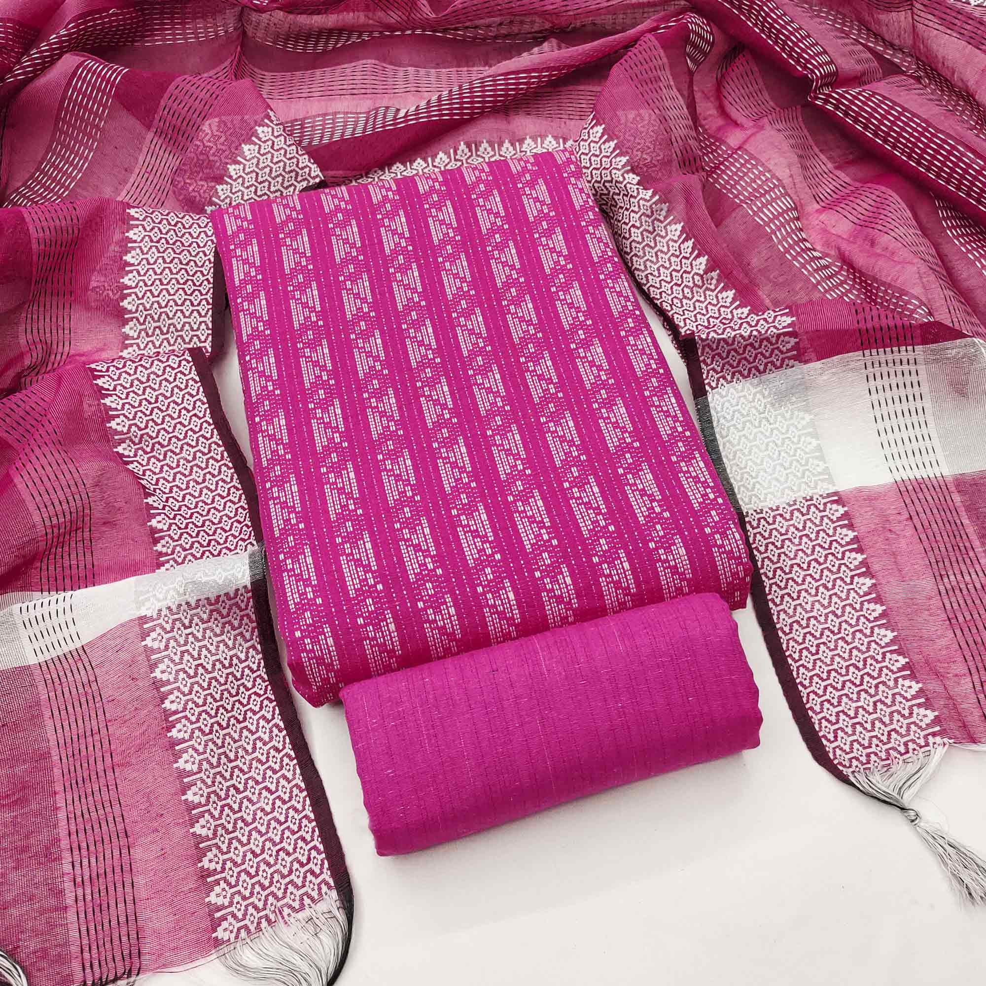 Pink Poly Cotton Blend Dress Material With Striped Pattern Weaving Work
