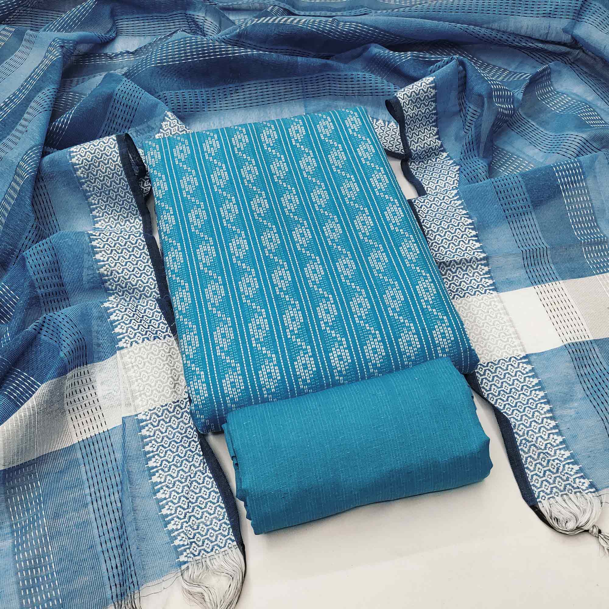 Blue Poly Cotton Blend Dress Material With Striped Pattern Weaving Work