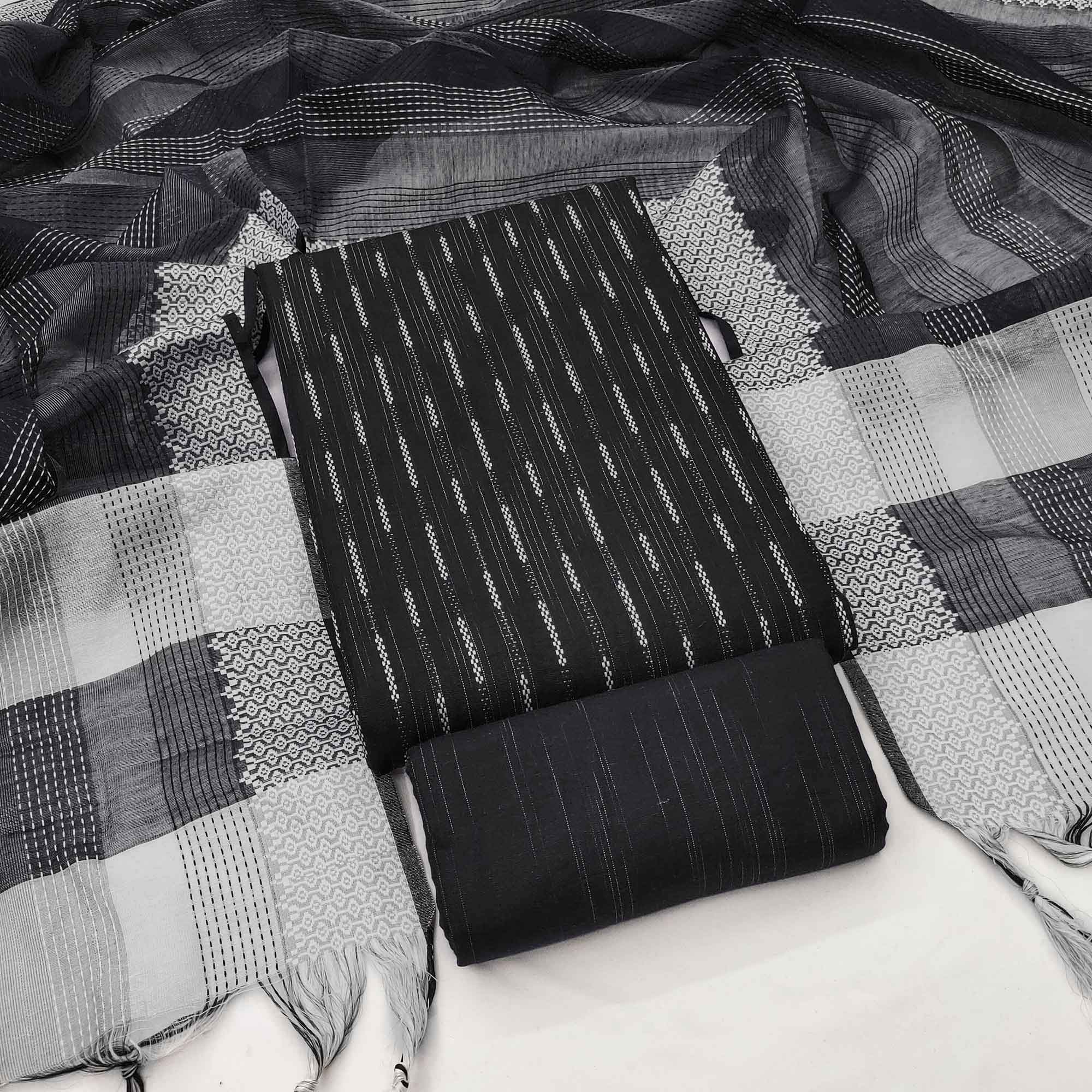 Black Poly Cotton Blend Dress Material Adorned With Striped Weaving Work