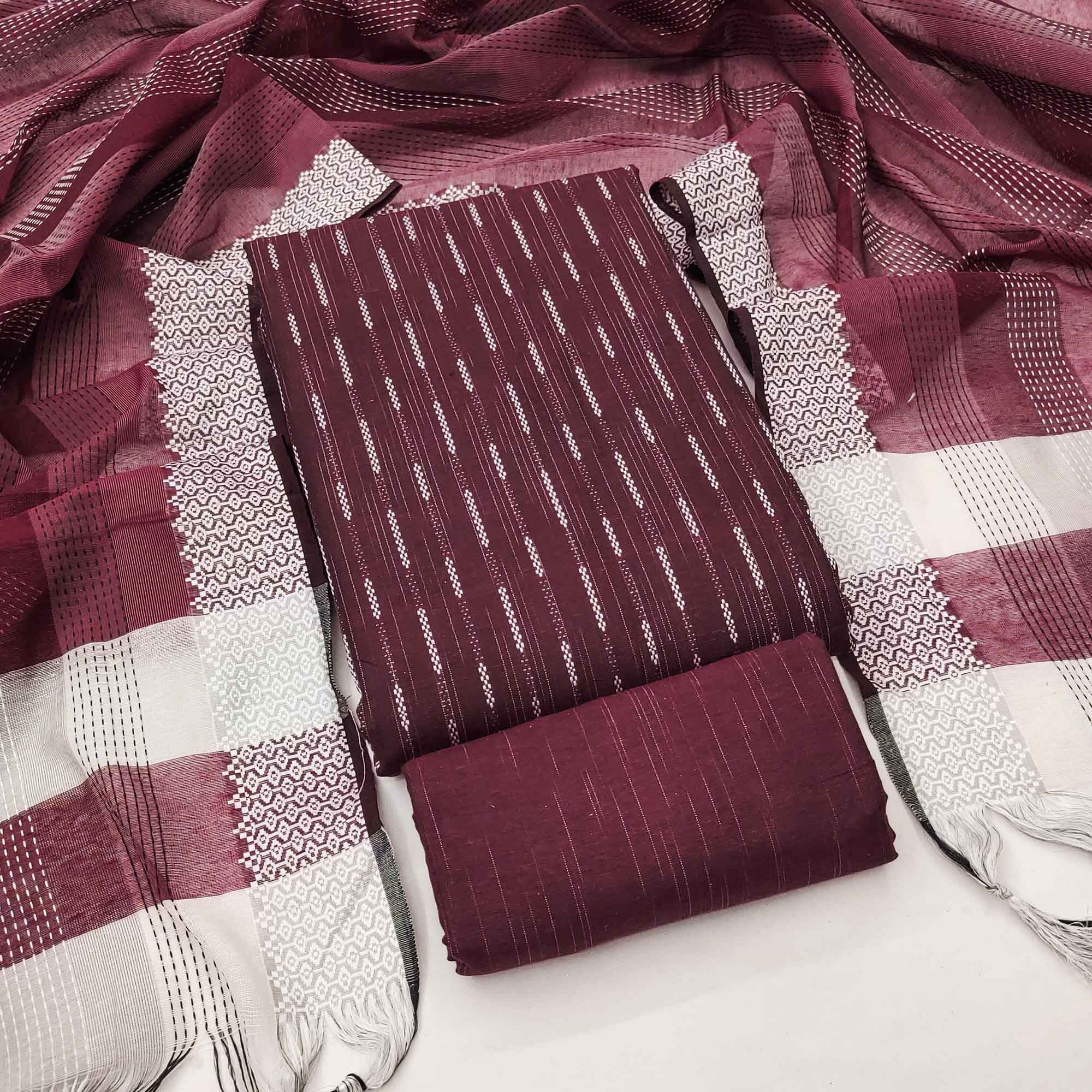 Wine Poly Cotton Blend Dress Material Adorned With Striped Weaving Work
