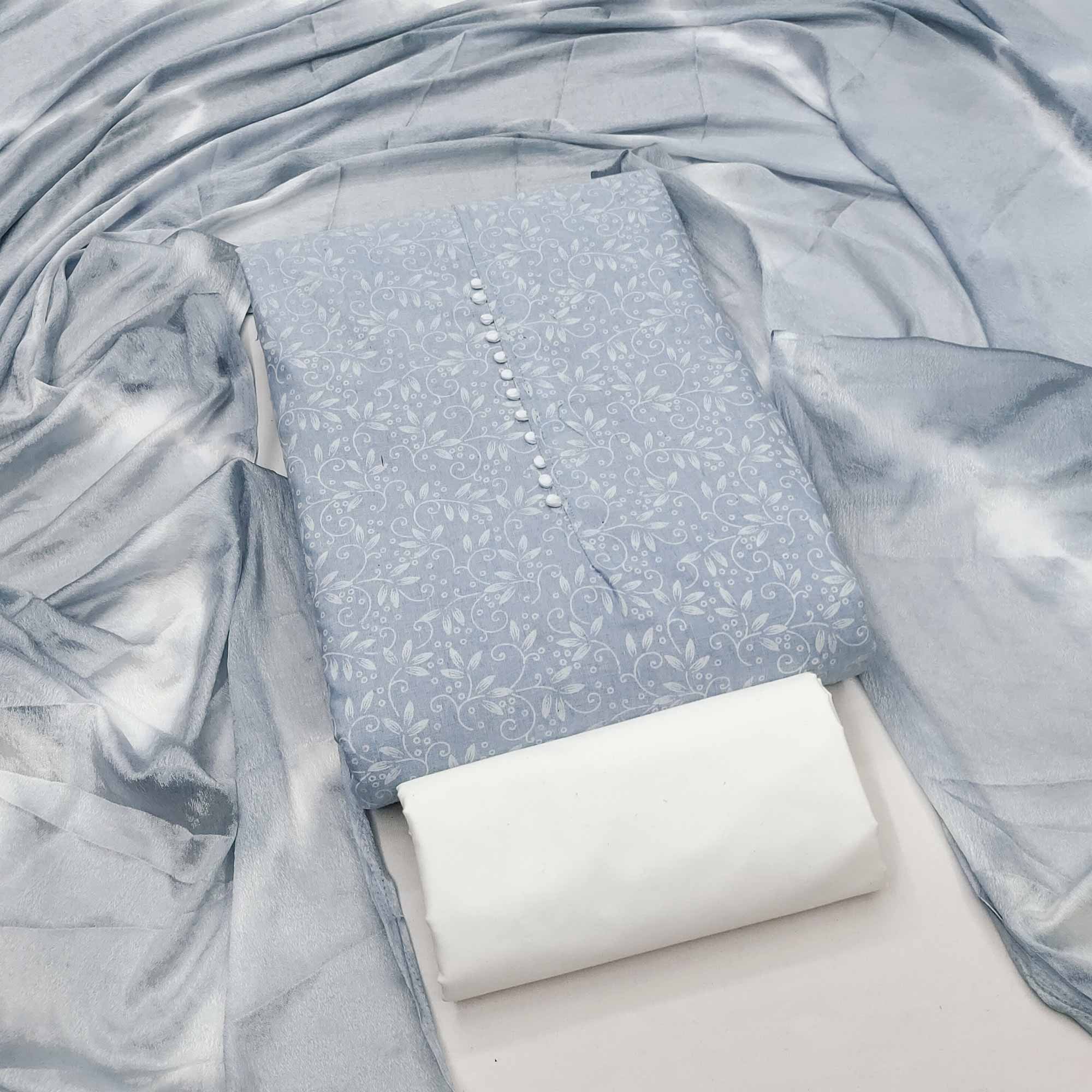 Grey Cotton Blend Dress Material Enhanced With Artistic Floral Printed Work