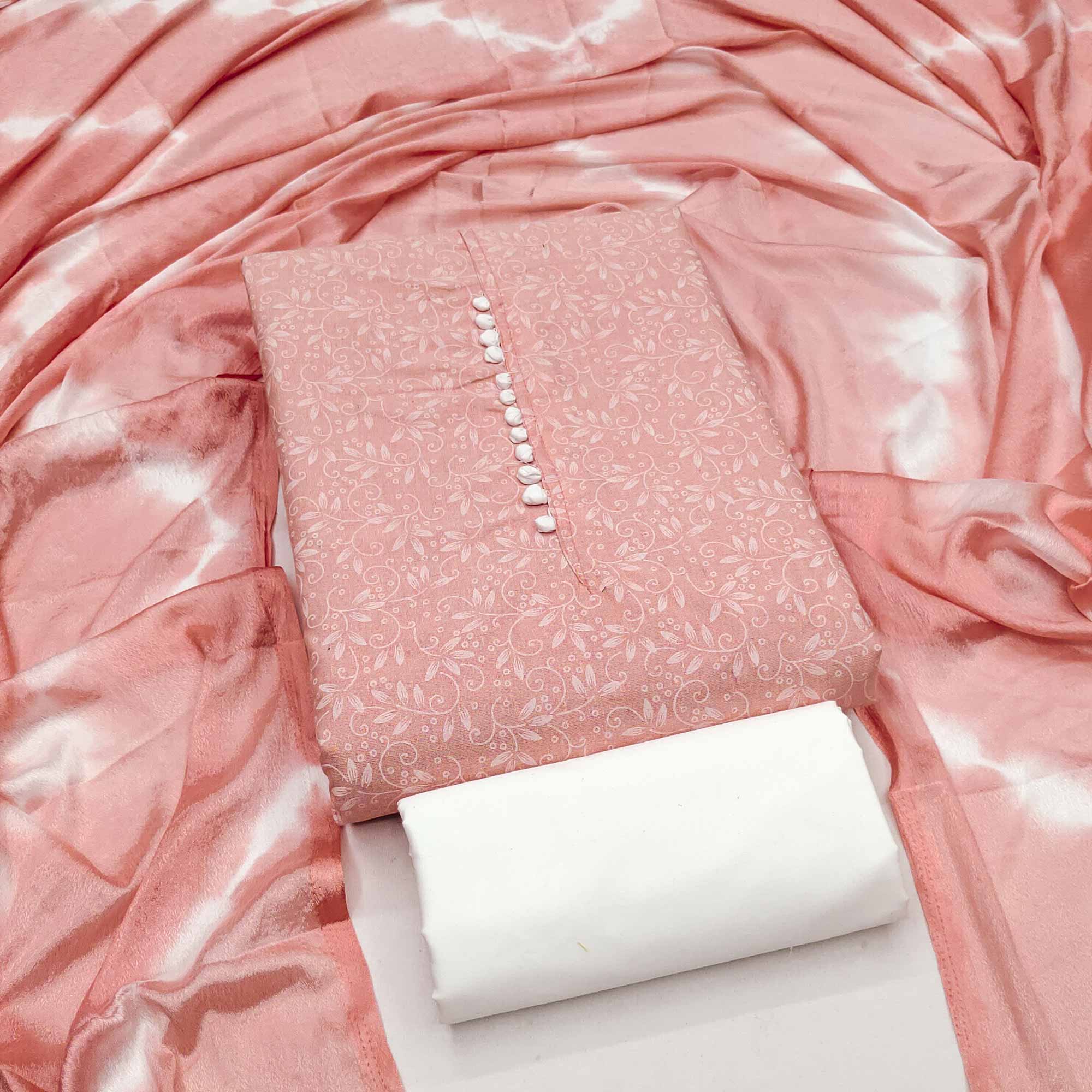 Peach Cotton Blend Dress Material Enhanced With Artistic Floral Printed Work