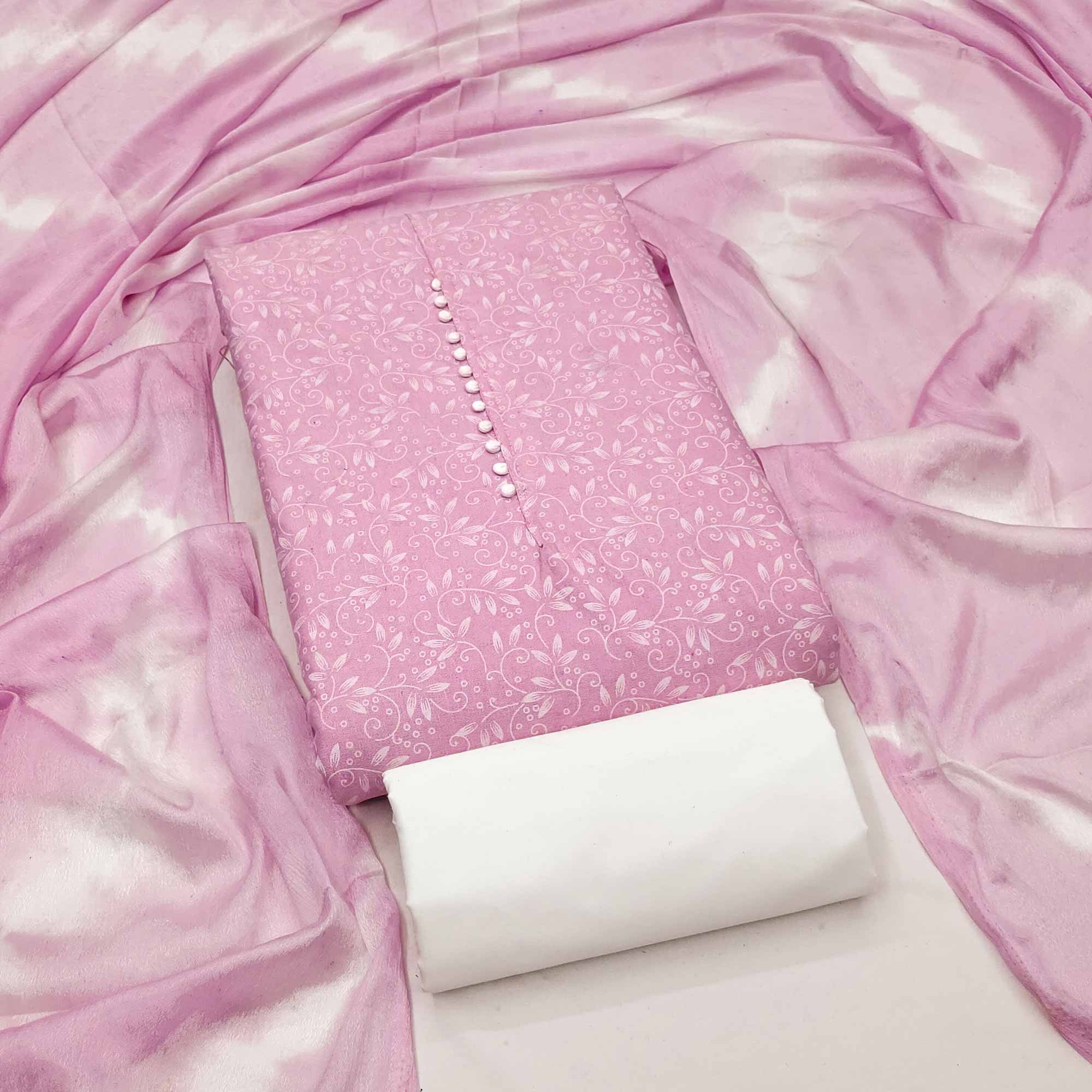 Pink Cotton Blend Dress Material Enhanced With Artistic Floral Printed Work