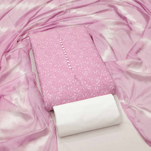 Pink Cotton Blend Dress Material Enhanced With Artistic Floral Printed Work