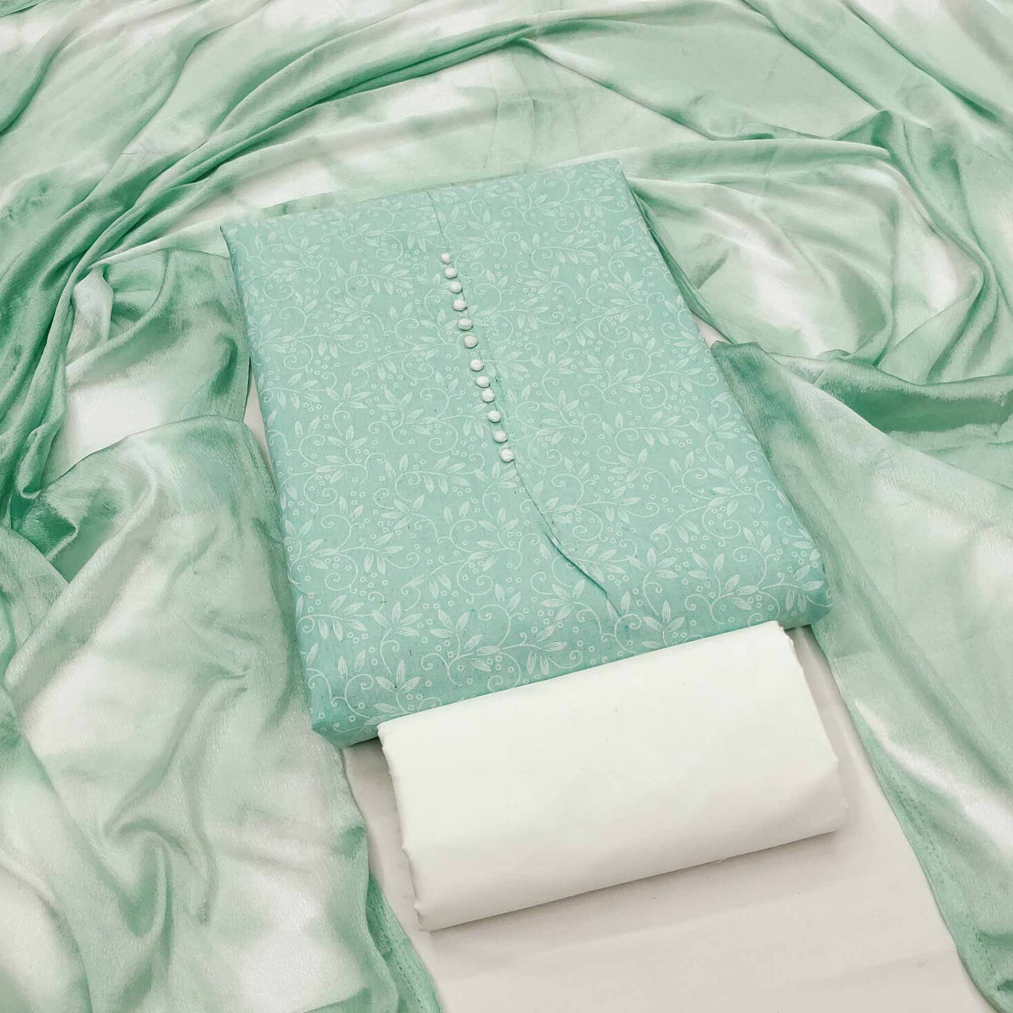 Sea Green Cotton Blend Dress Material Enhanced With Artistic Floral Printed Work