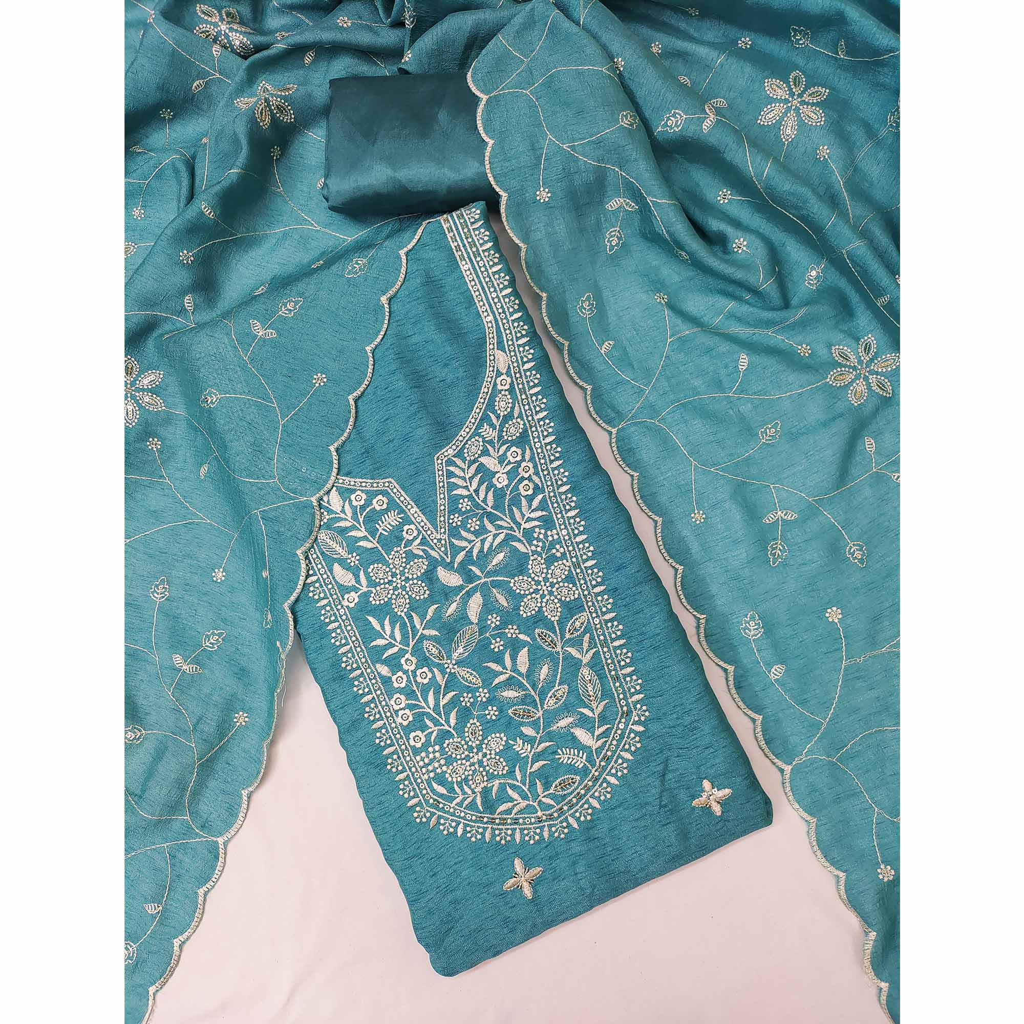 Stylish Blue Floral Thread Embroidery & Sequins Work Vichitra Silk Dress Material